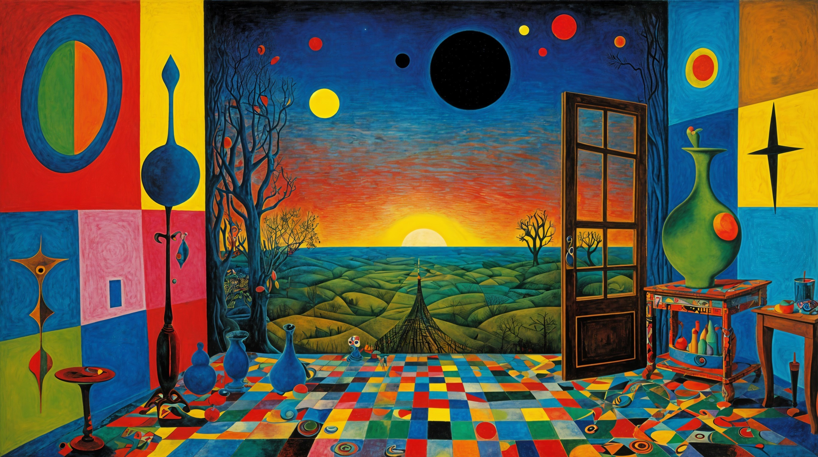 Surreal Interior Scene with Vivid Colors and Shapes