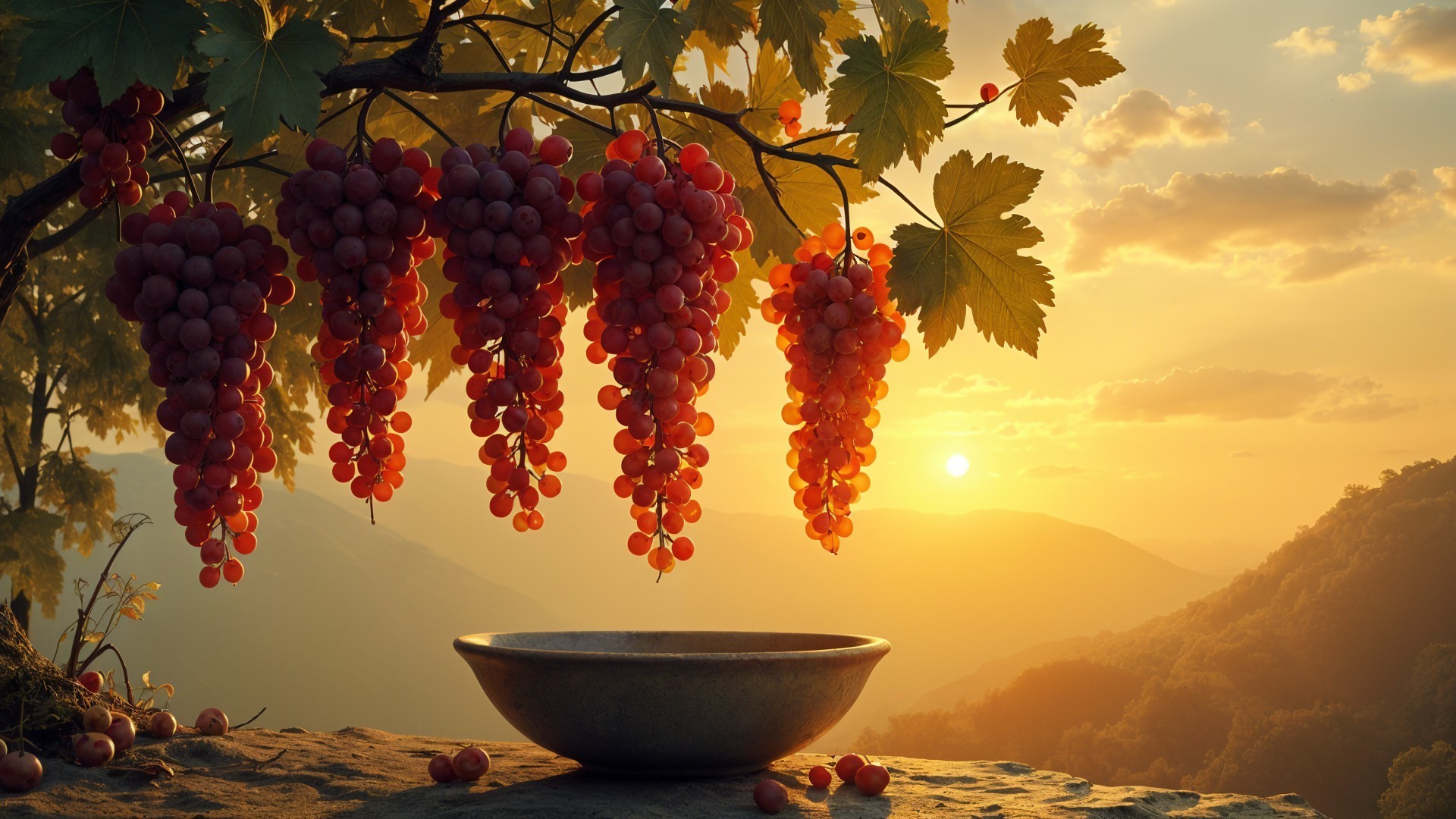 Sunset Over Hills with Grapes and Stone Bowl