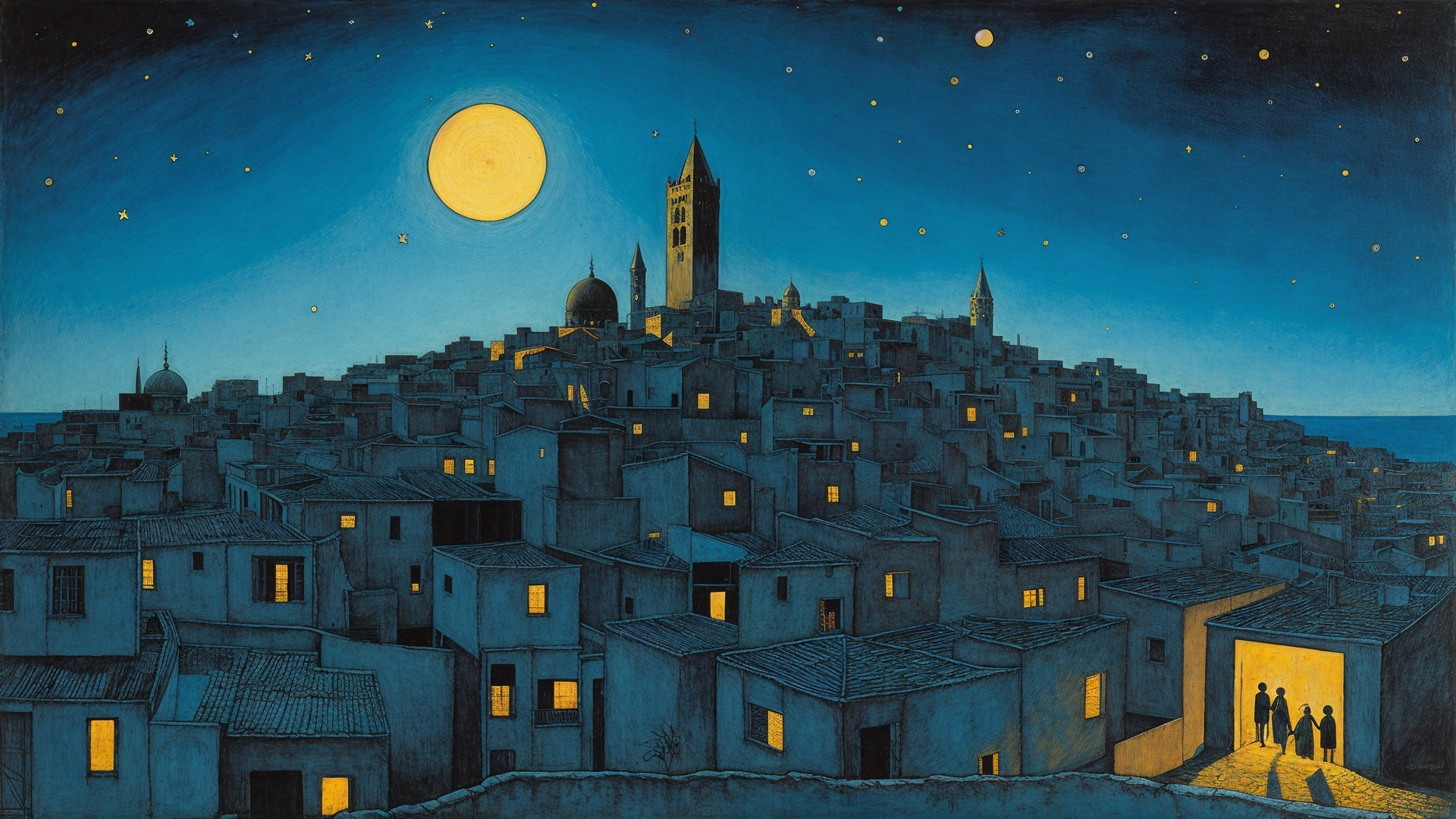 Nighttime Townscape with Moonlit Hillside and Stars