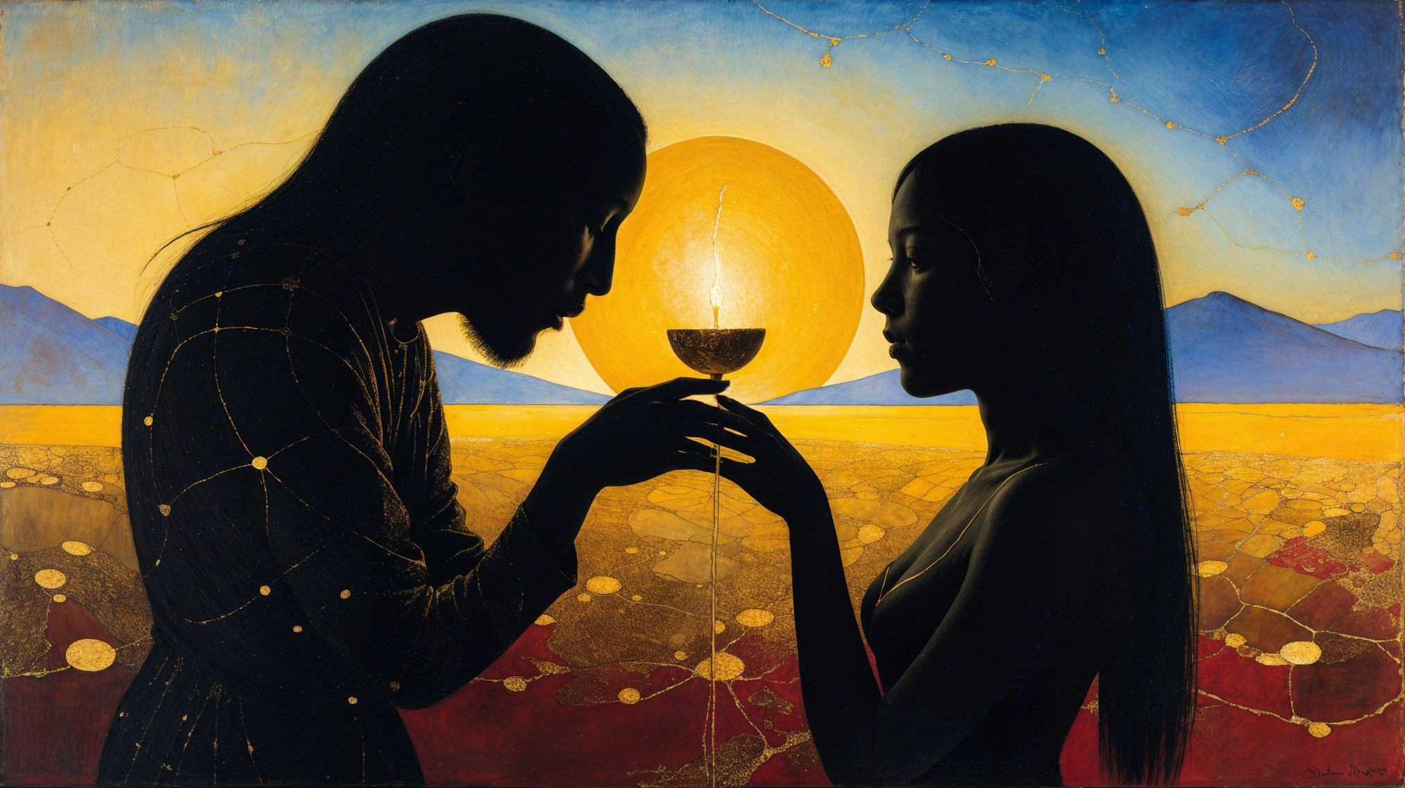 Silhouetted Figures with Chalice at Vibrant Sunset