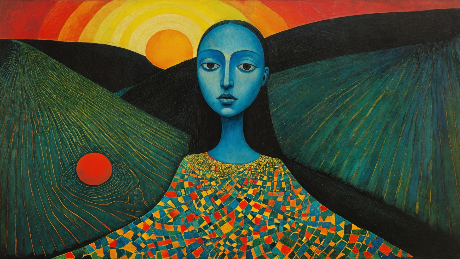 Stylized Woman with Blue Face in Vibrant Landscape
