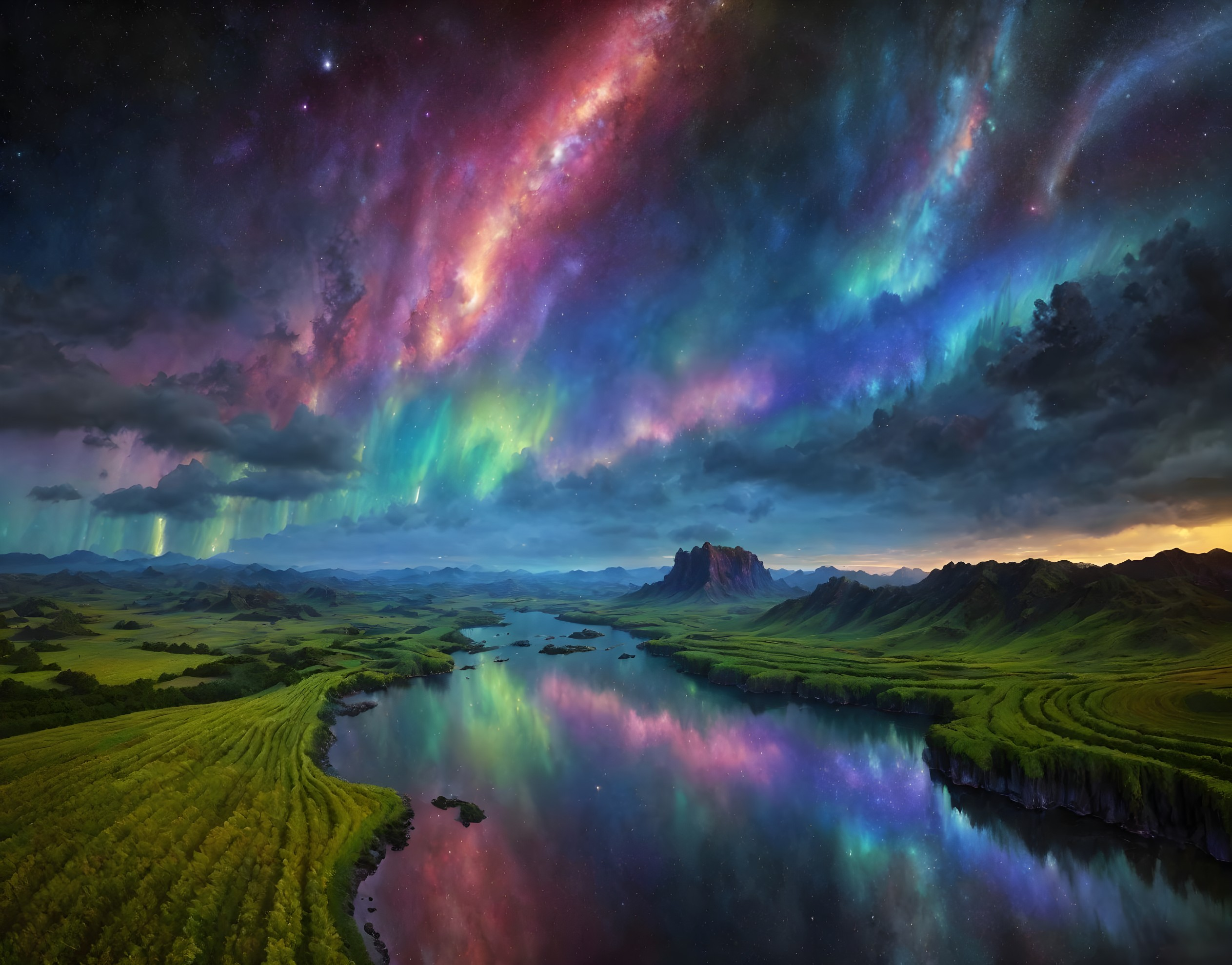 Vibrant Aurora Borealis Over Serene River Landscape