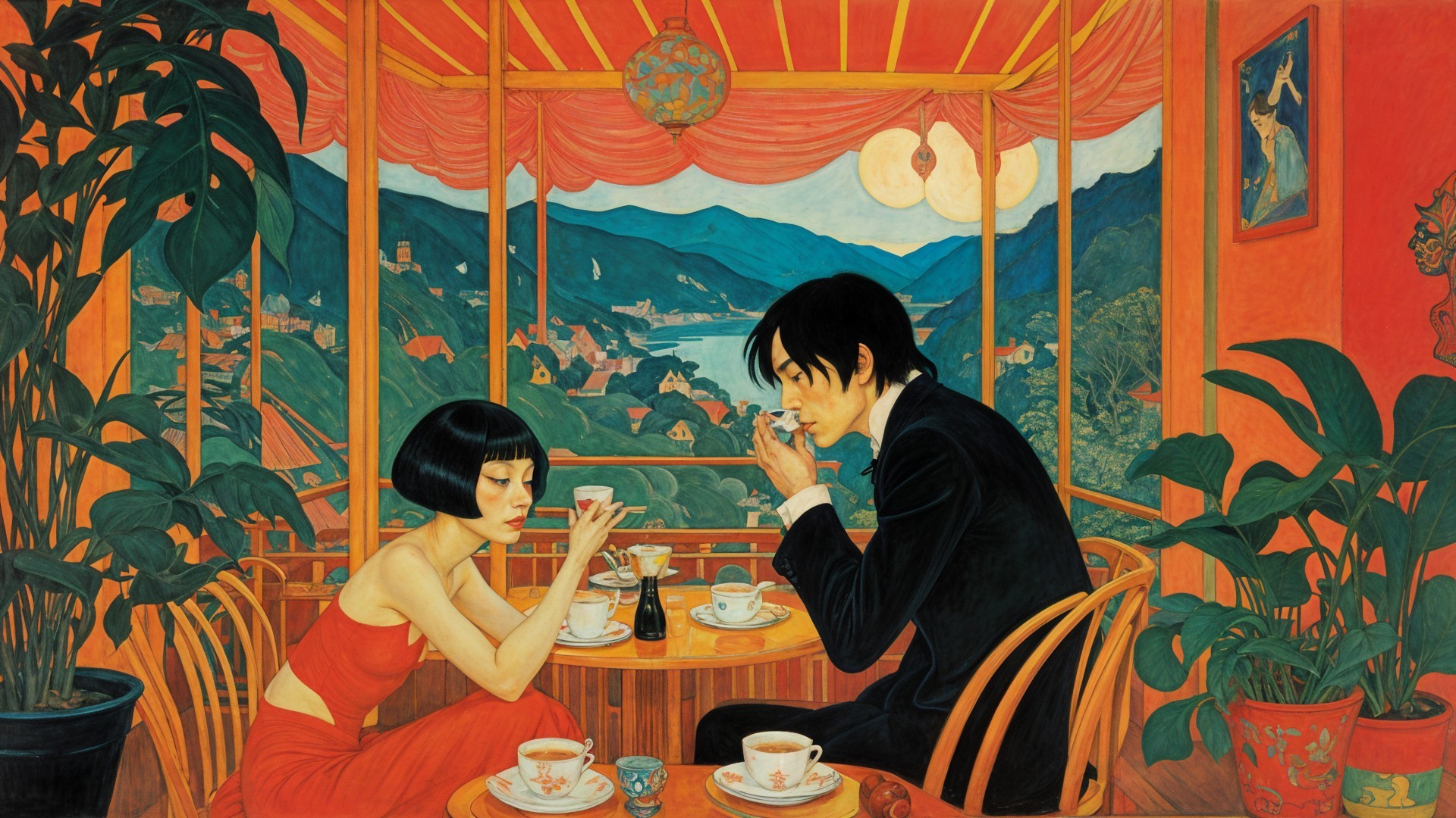 Couple Enjoys Tea in Cozy Café with Scenic View