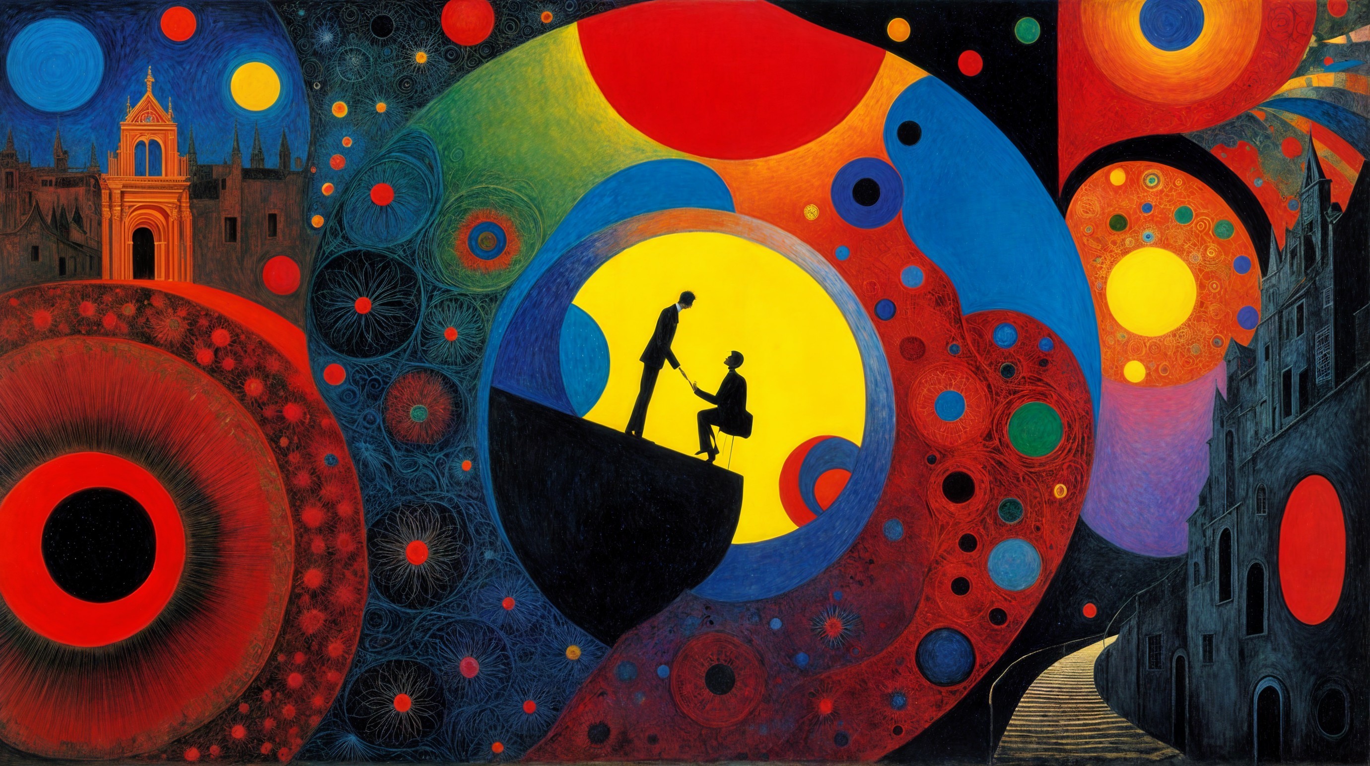 Abstract Artwork with Figures on a Colorful Cliff