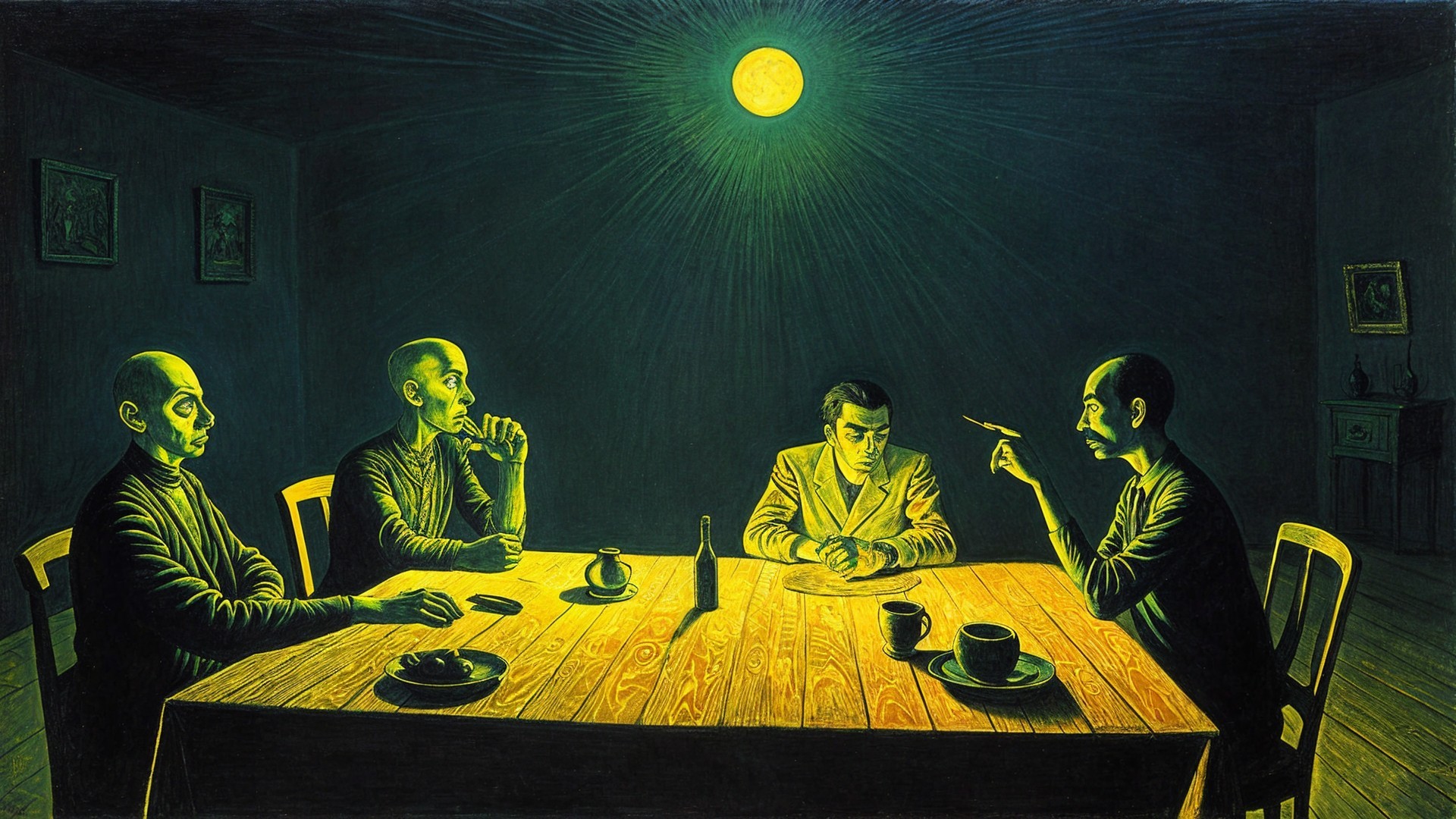 Four Figures in a Dimly Lit Room with Moonlight