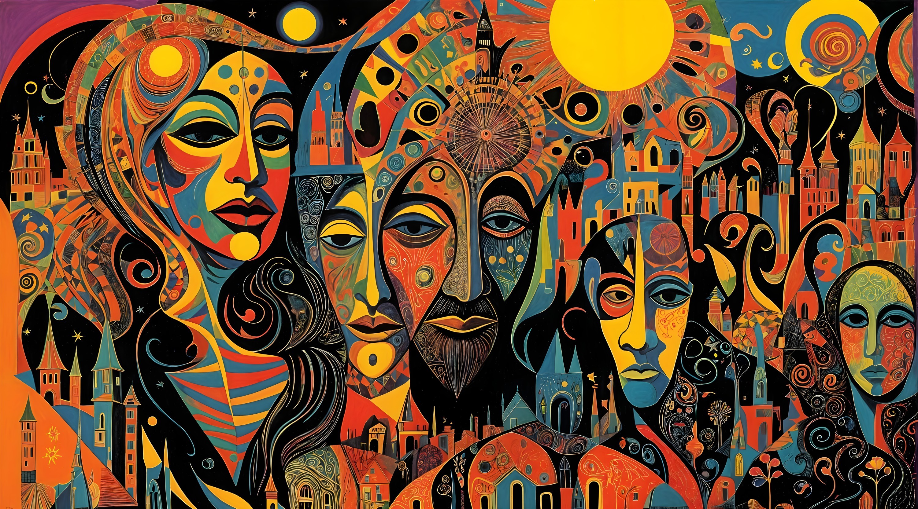 Vibrant Abstract Composition of Human Faces and Cityscape