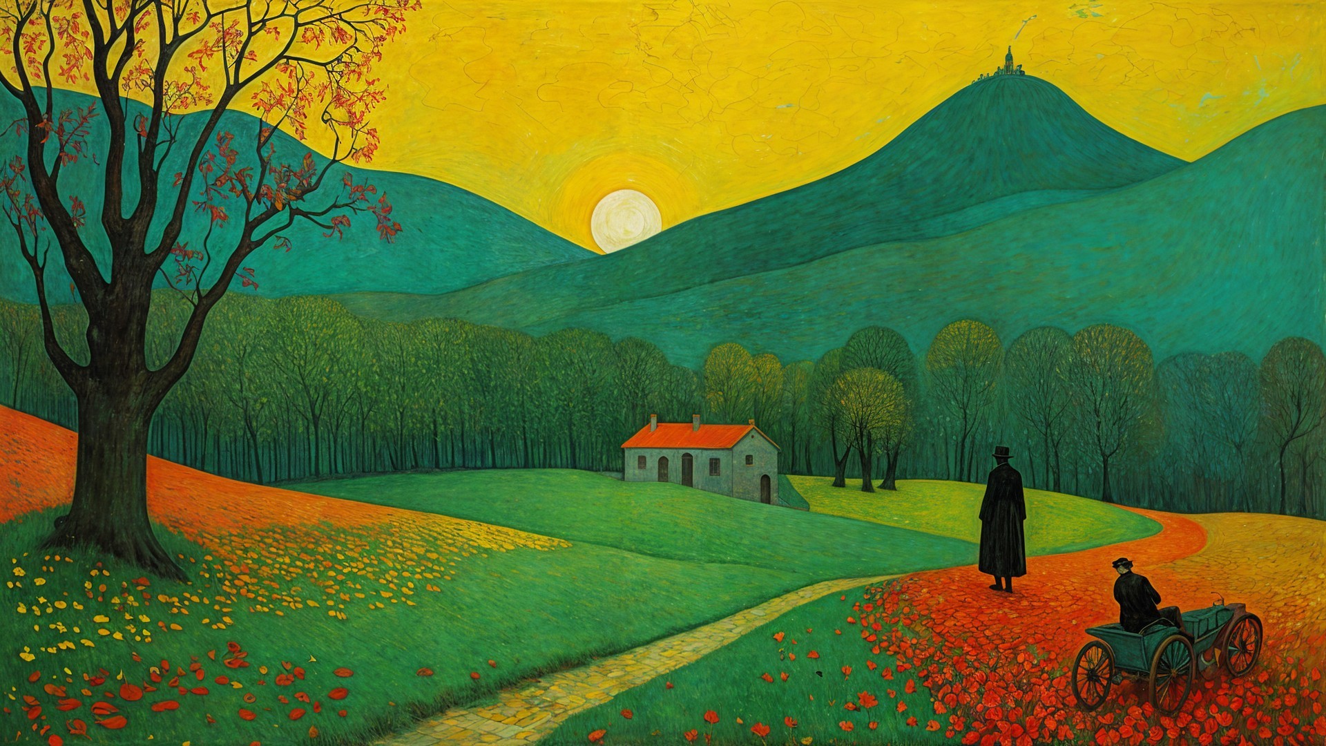 Vibrant Landscape with Hills, Sun, and Autumn Colors