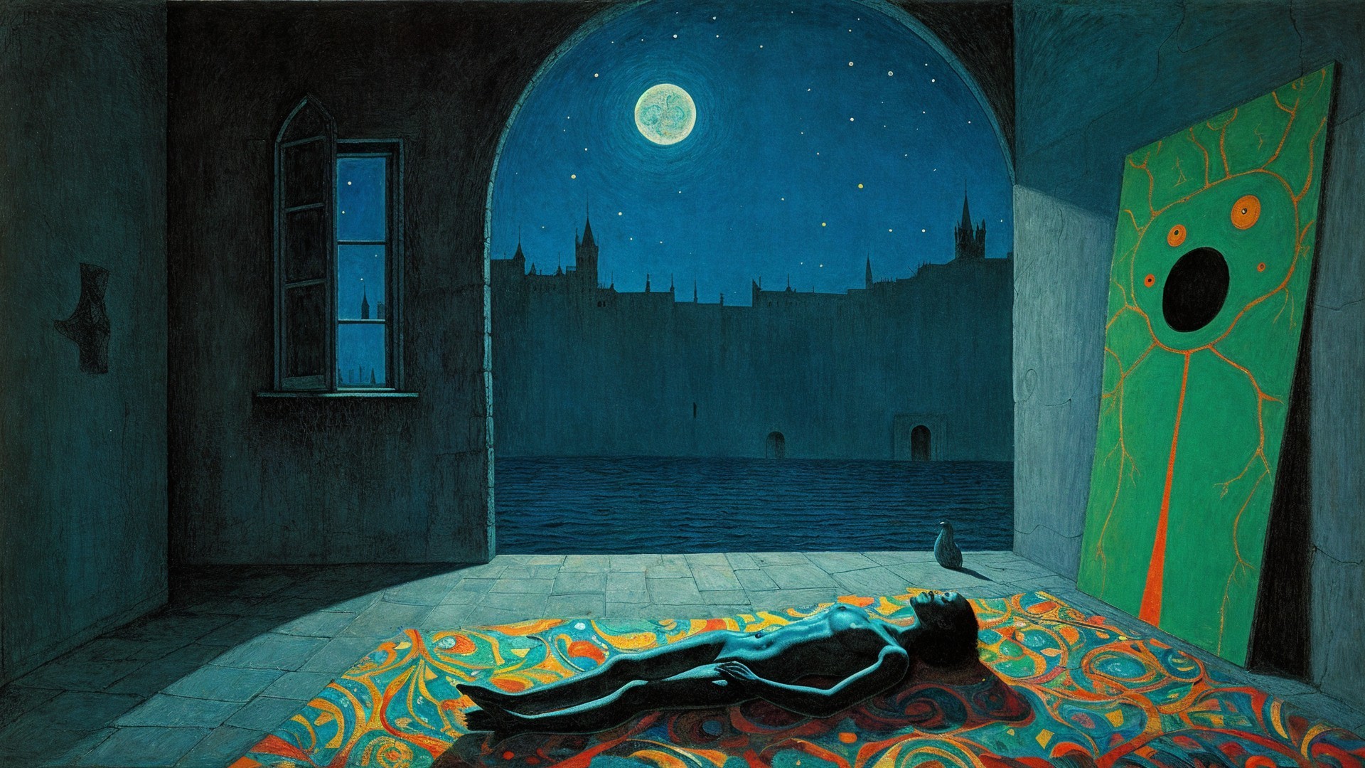 Serene Dimly Lit Room with Moonlit Sky and Cat