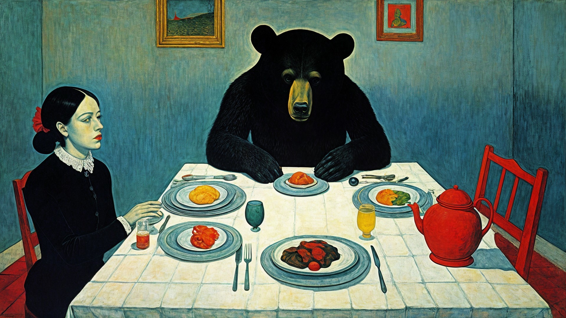 Dining Scene with Woman and Bear at a Table