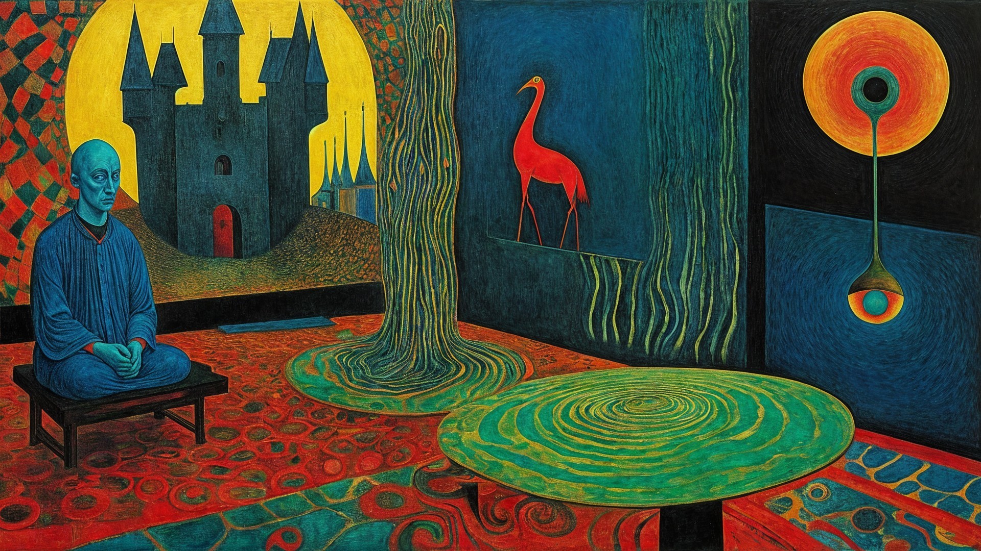 Surreal Artwork with Blue Figure and Dreamlike Landscape