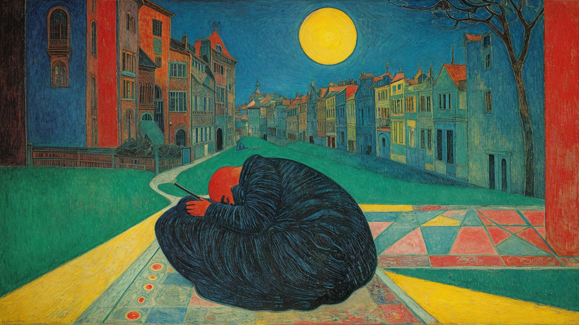 Cloaked Figure on Colorful Path Under Full Moon