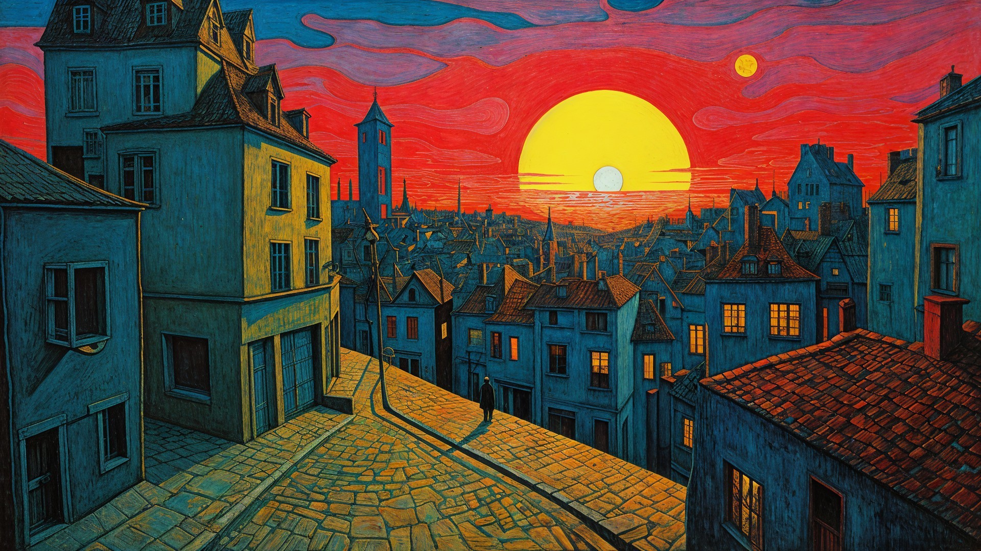 Vibrant cityscape at sunset with golden hues