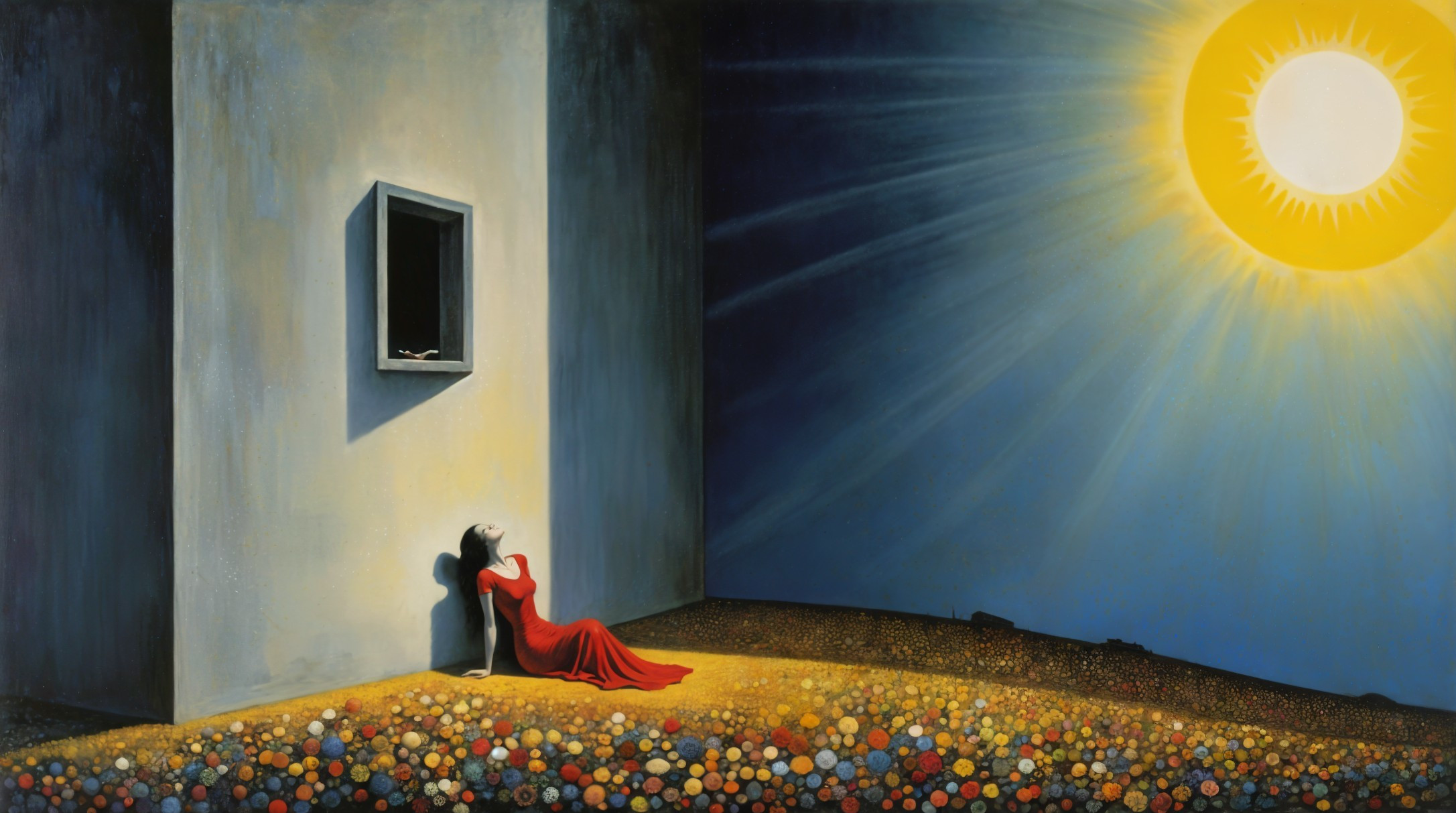 Woman in Red Dress Gazing at Sunlit Window