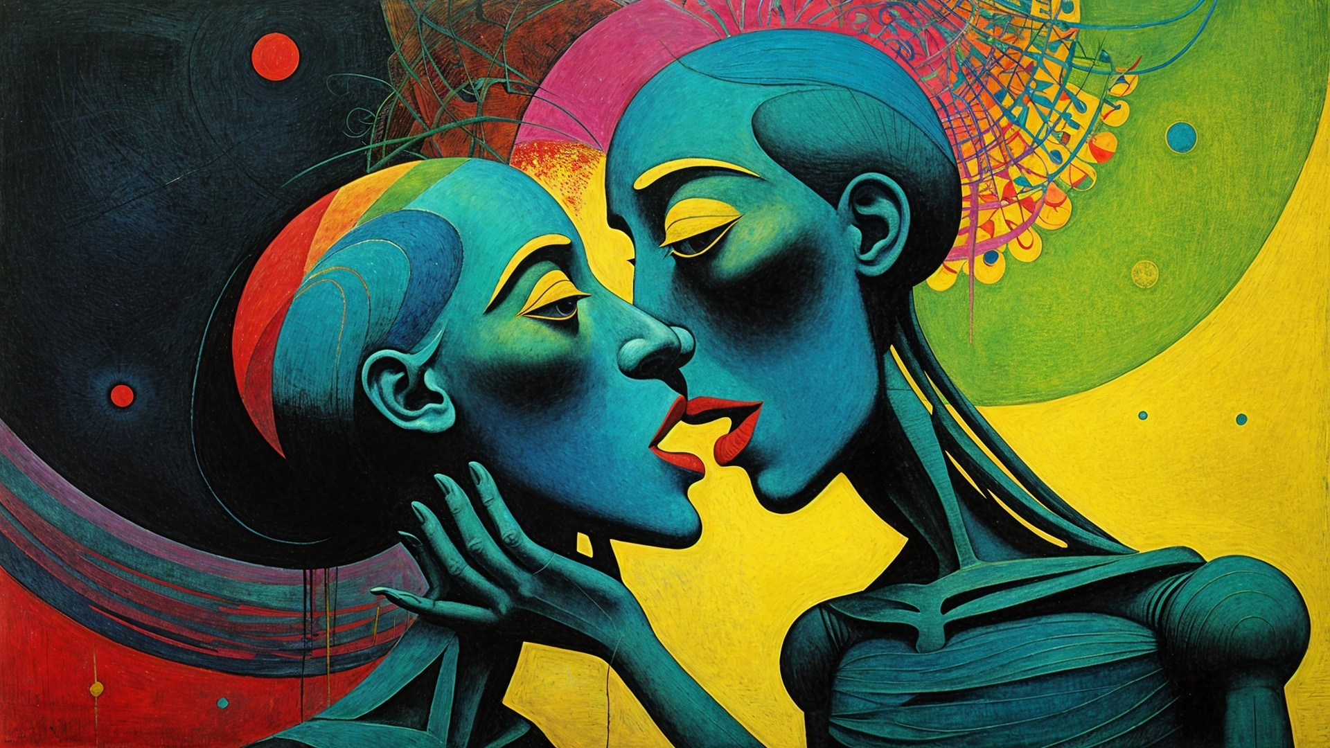 Abstract Figures with Blue Skin in Vibrant Backgrounds