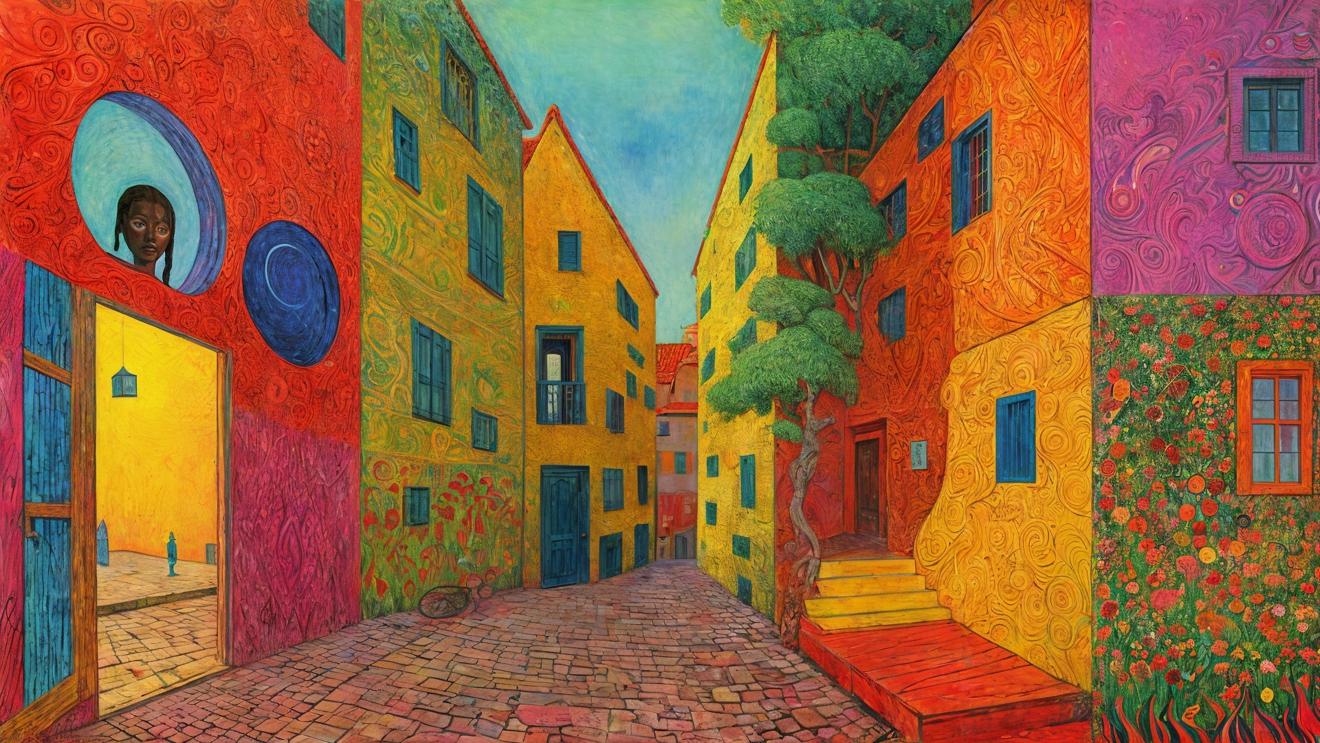 Whimsical Alleyway with Colorful Buildings and Foliage