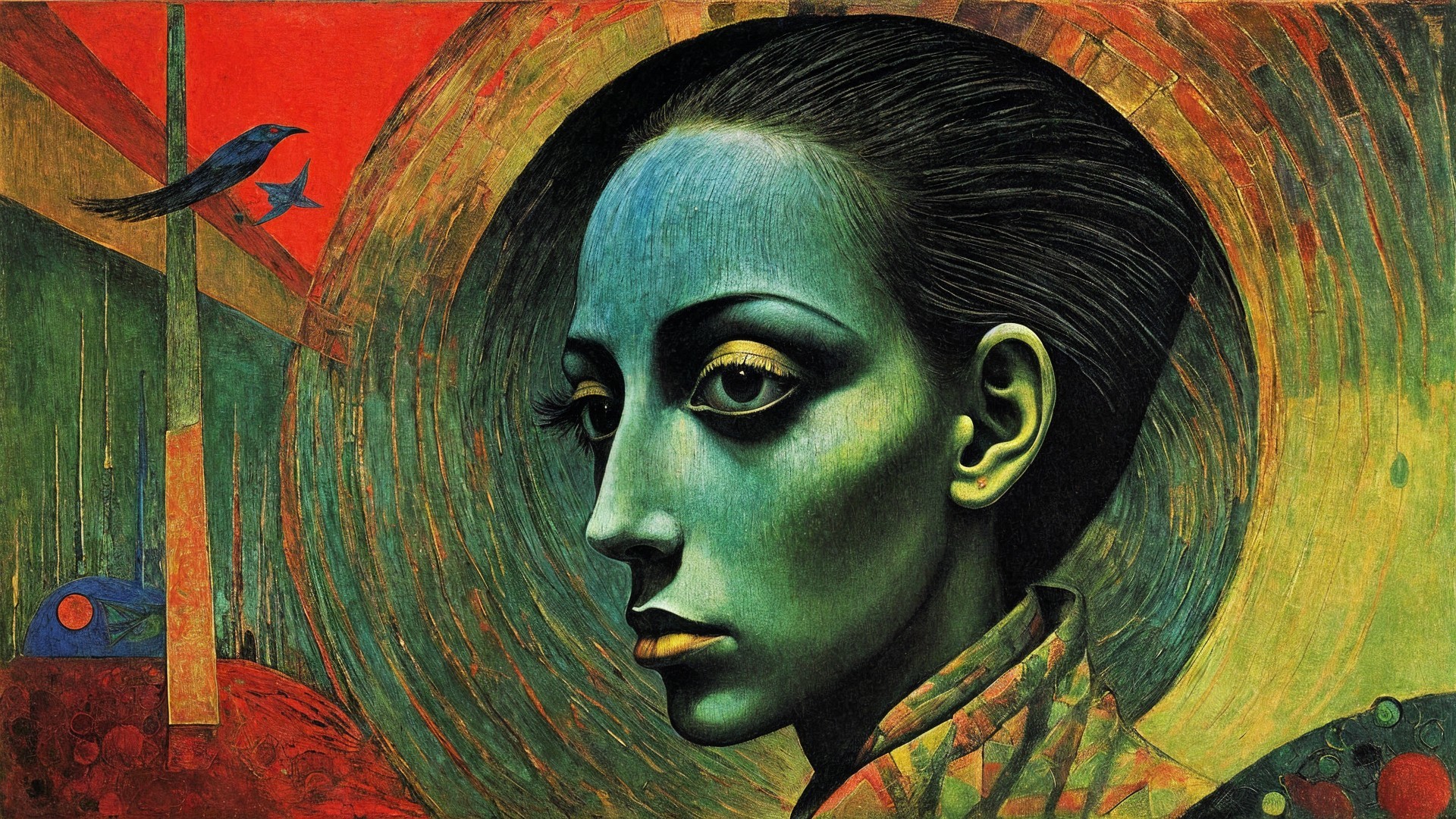 Portrait of a Woman with Blue Skin and Whimsical Bird