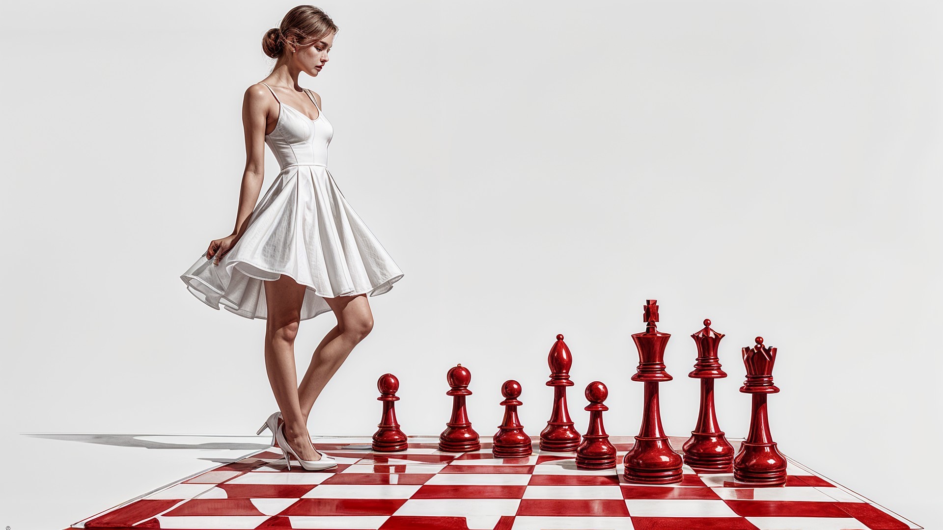 Stylish Woman on Chessboard with Red Pieces