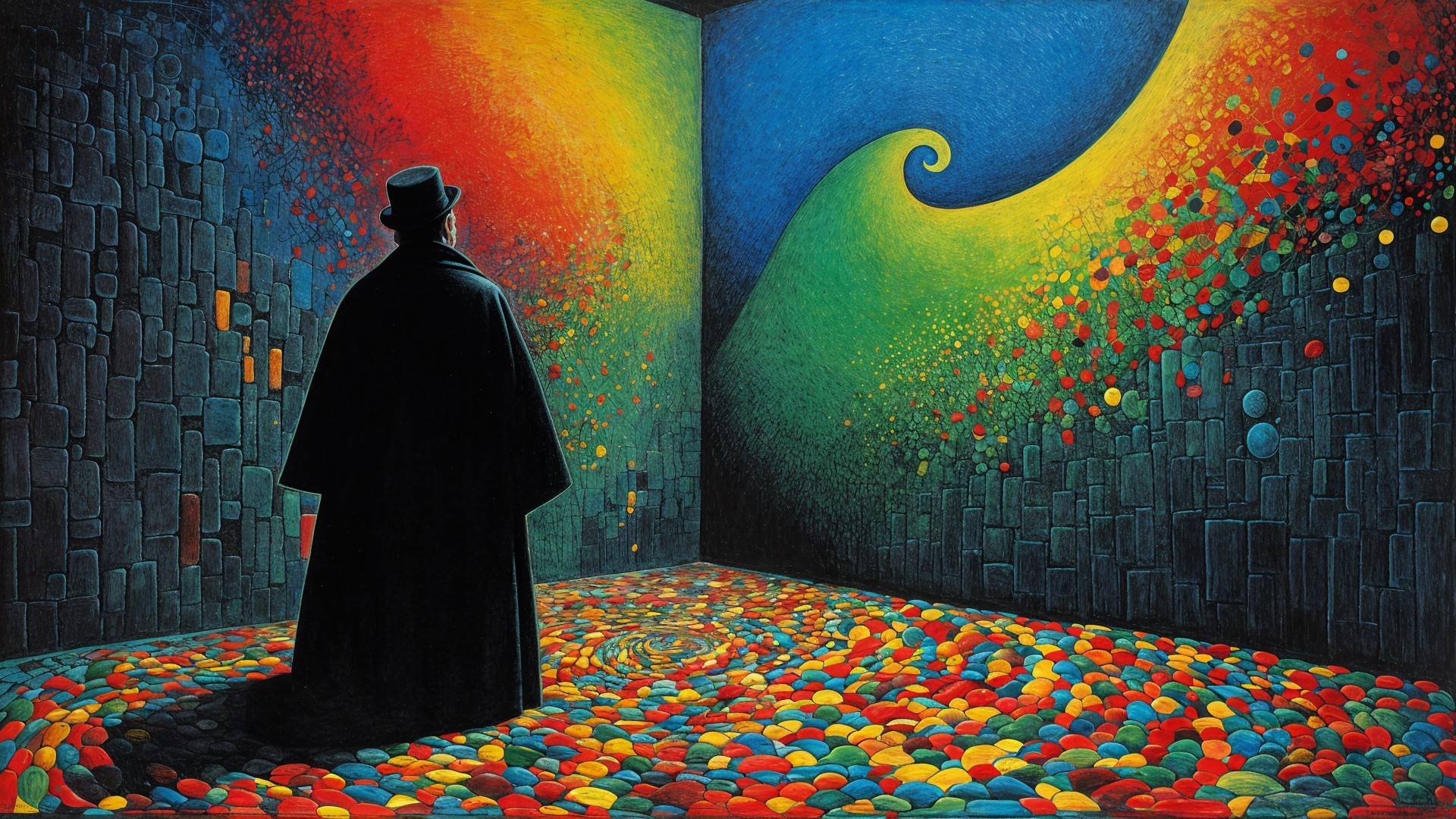 Surreal Landscape with Colorful Patterns and Figure