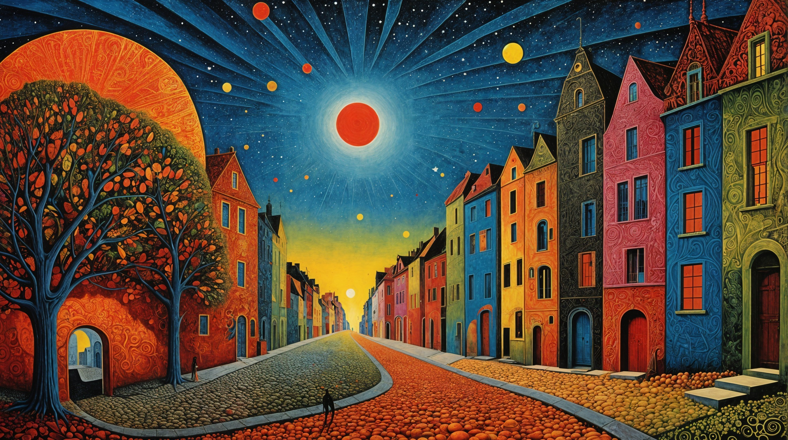 Surreal Landscape with Colorful Houses and Celestial Bodies