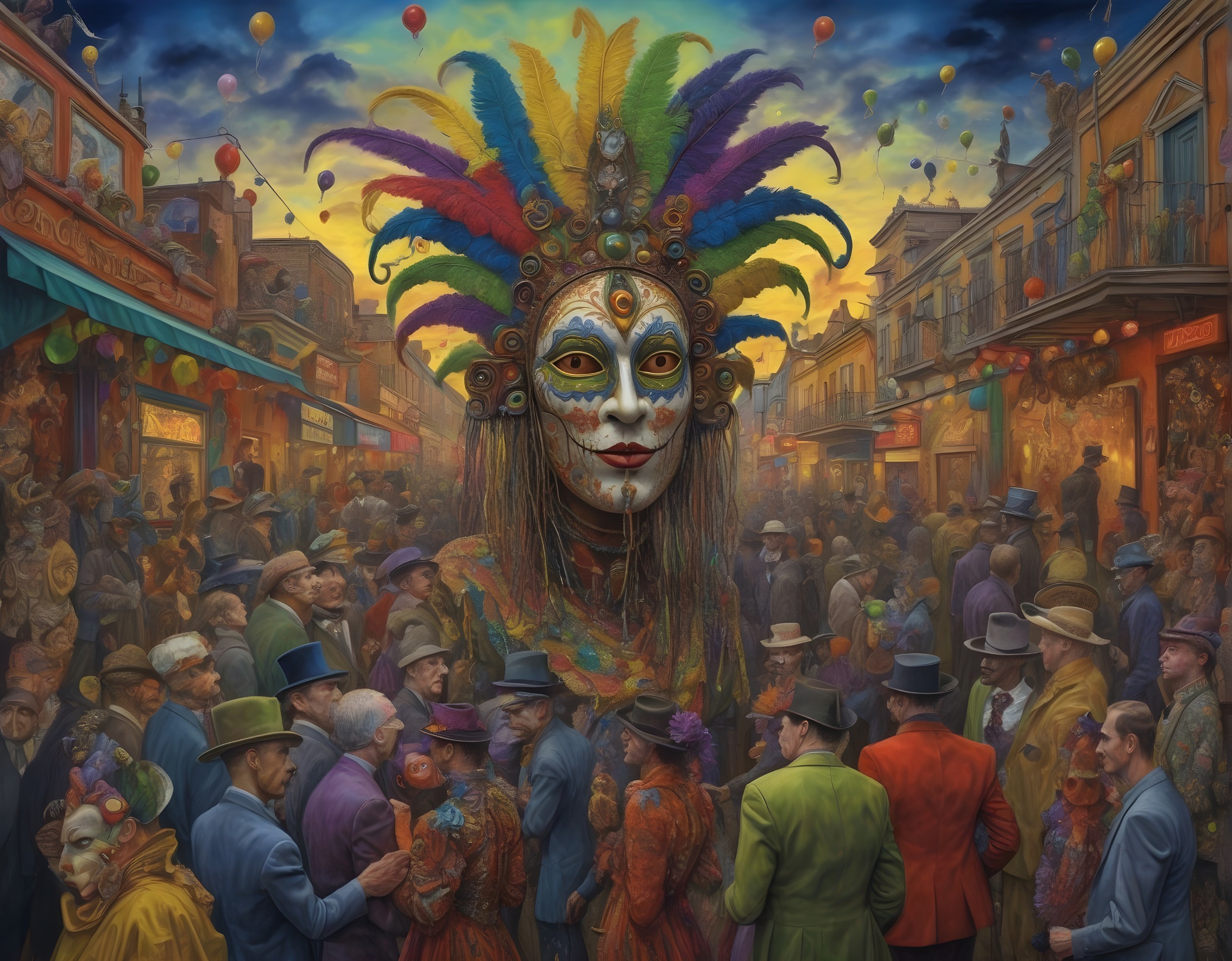 Vibrant Carnival Scene with Colorful Attire and Masks