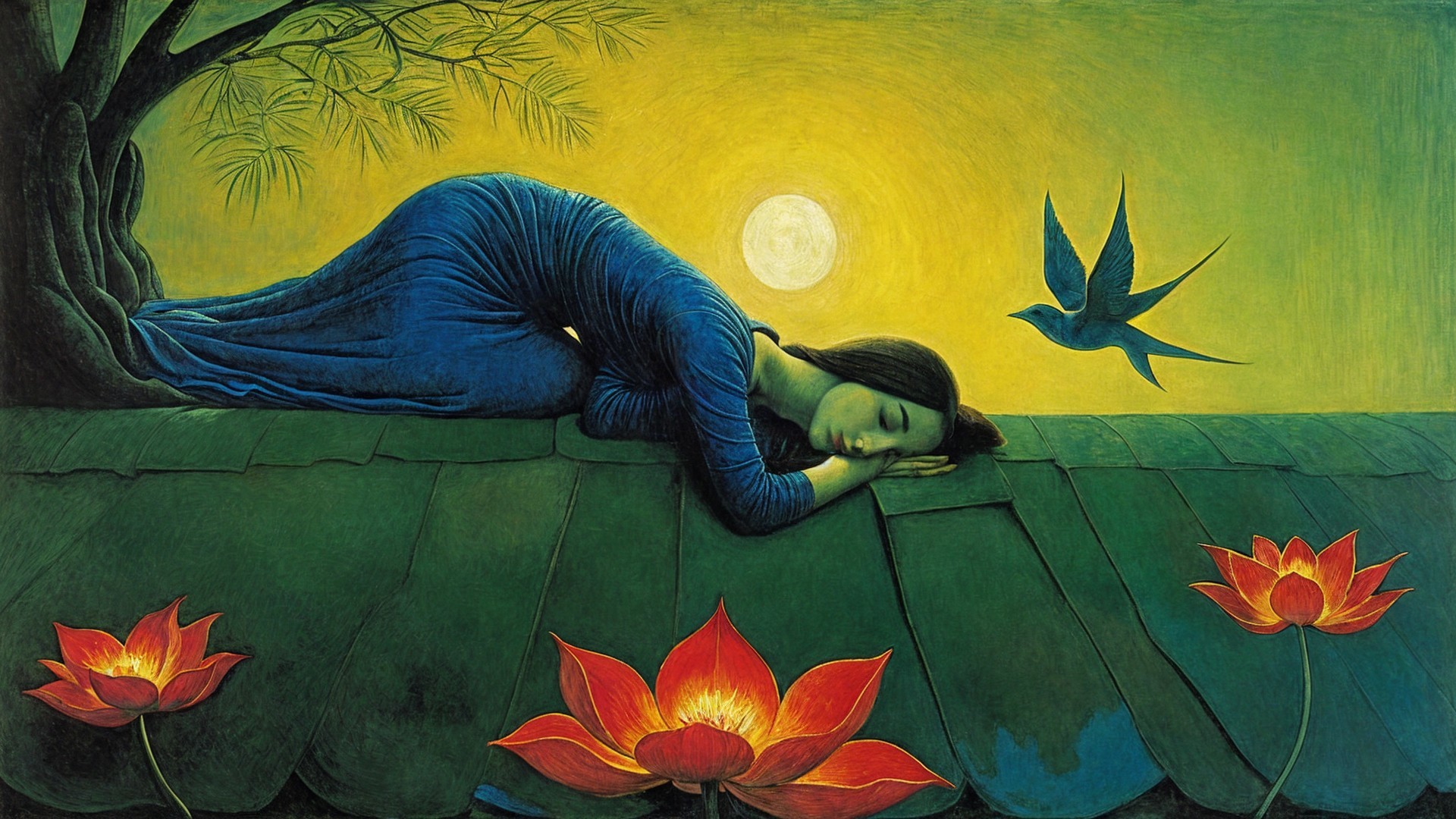 Serene Rooftop Scene with Woman and Lotus Flowers