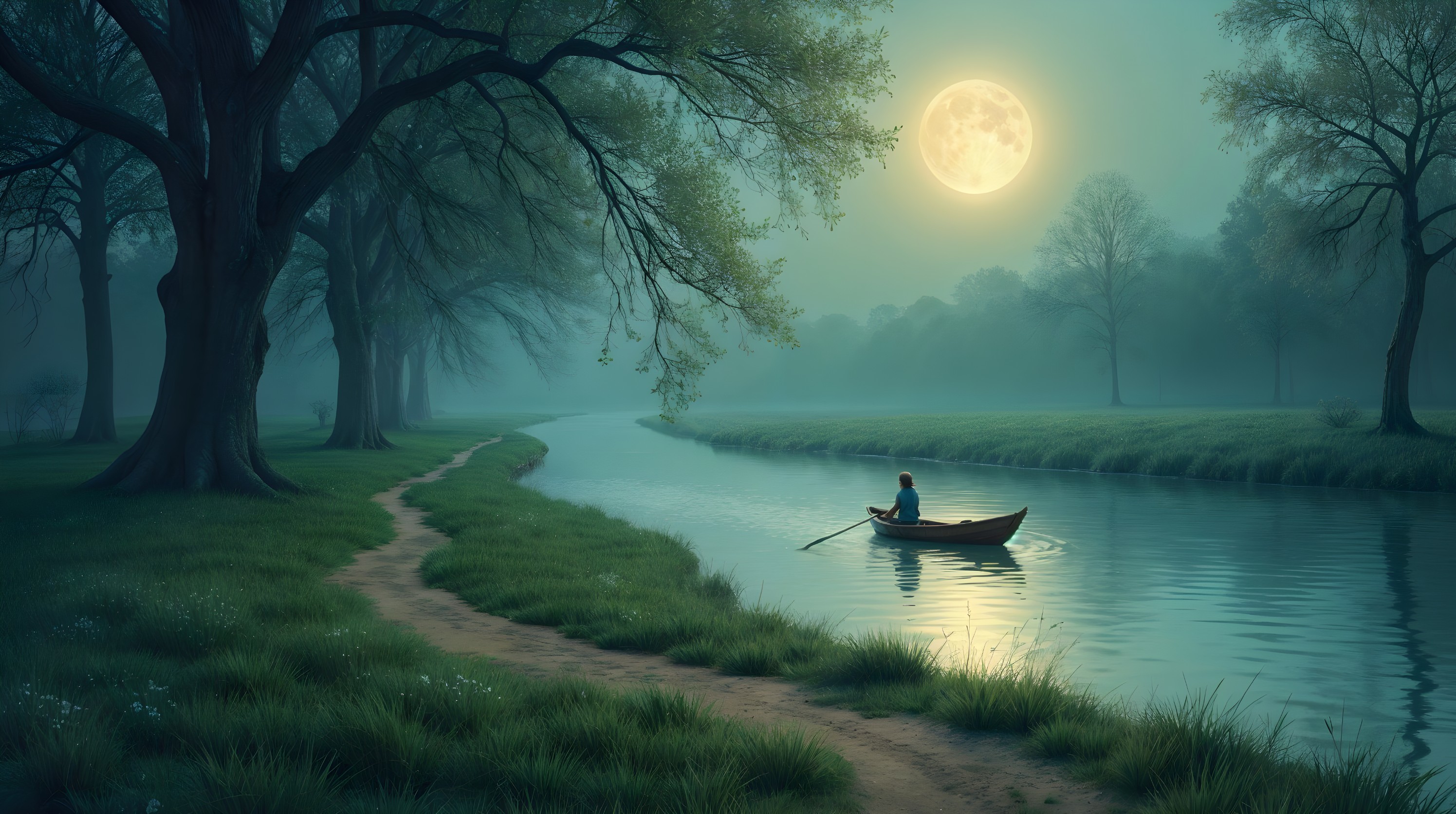 Tranquil River Scene Under Full Moonlight