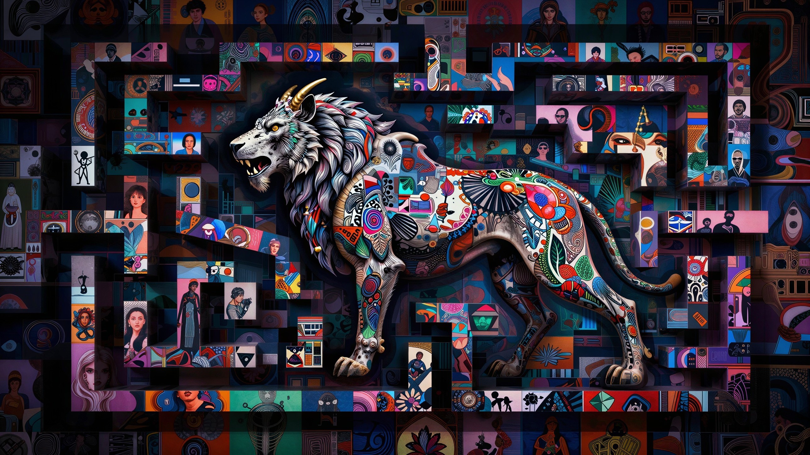 Intricate Illustration of a Majestic Lion with Horns