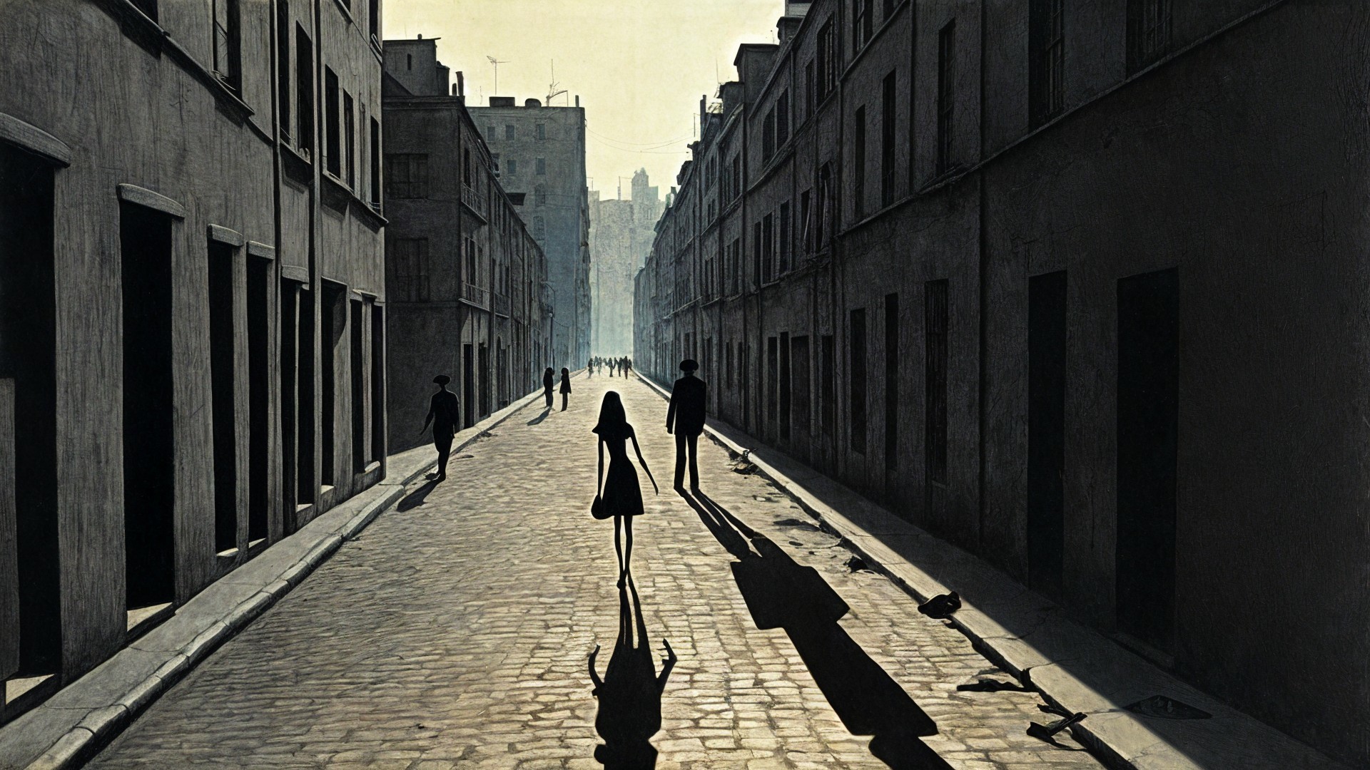 Narrow Cobblestone Street with Tall Gray Buildings