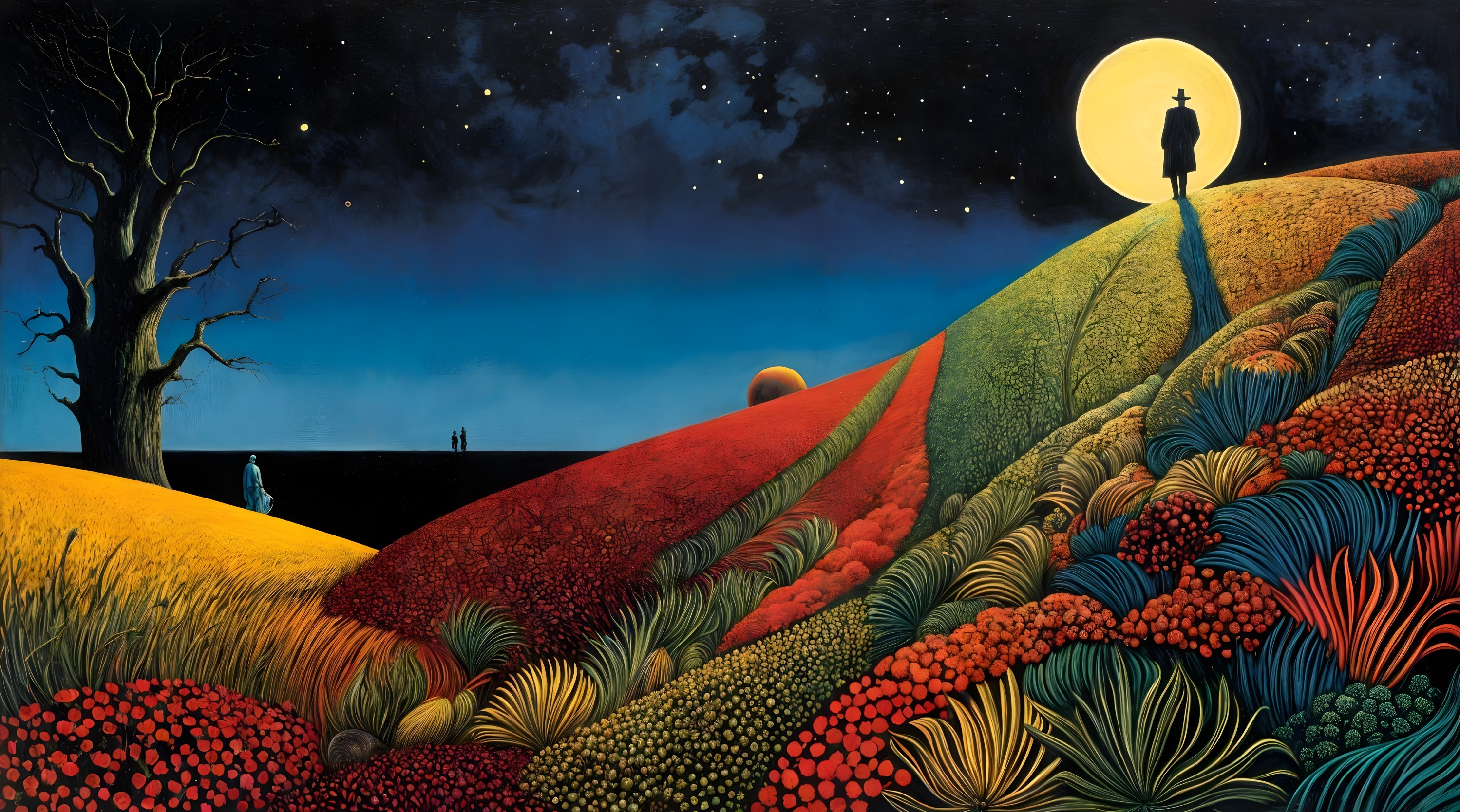 Surreal Landscape with Colorful Hills and Moonlight