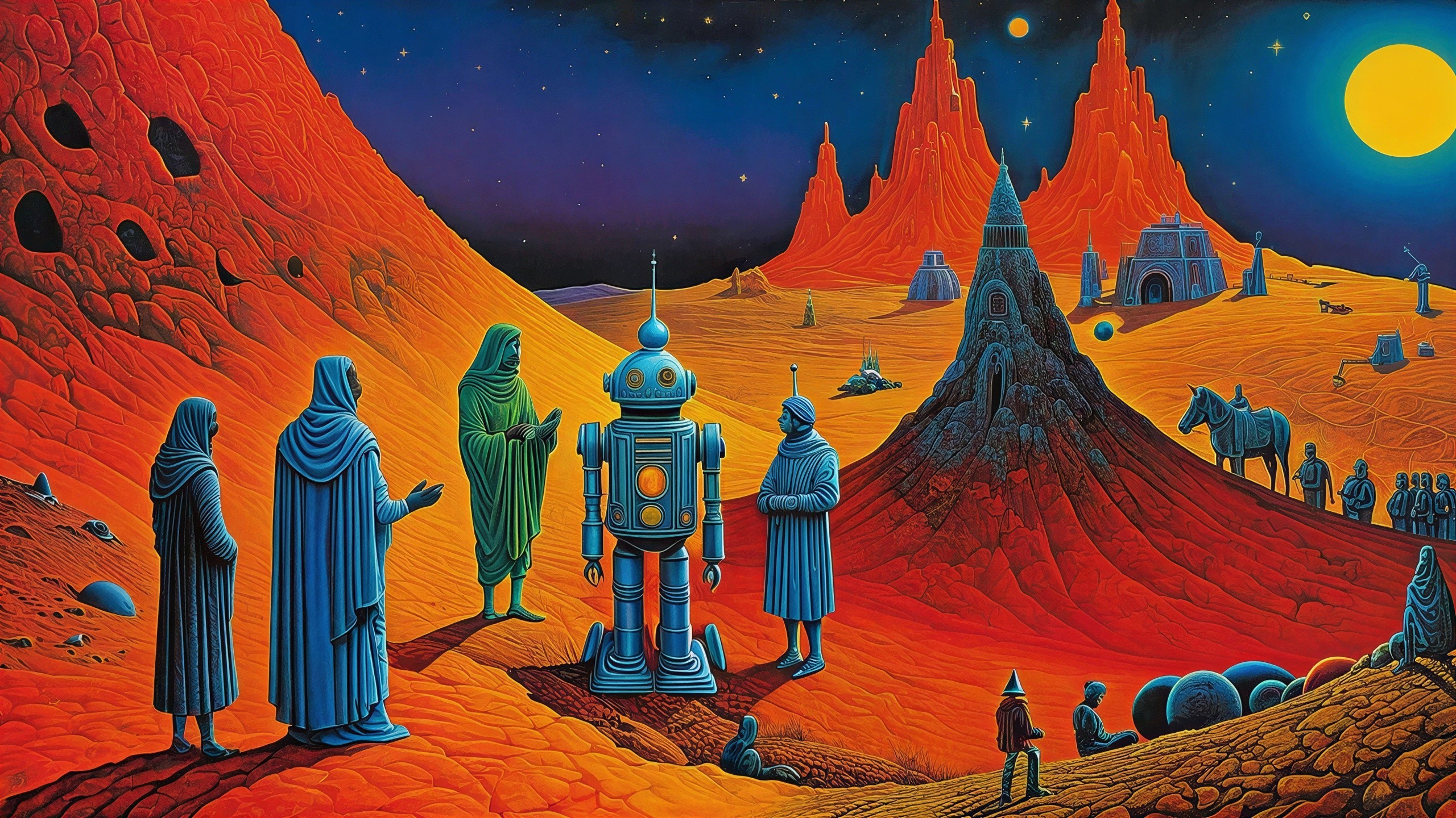 Surreal Retro-Futuristic Landscape with Cloaked Figures