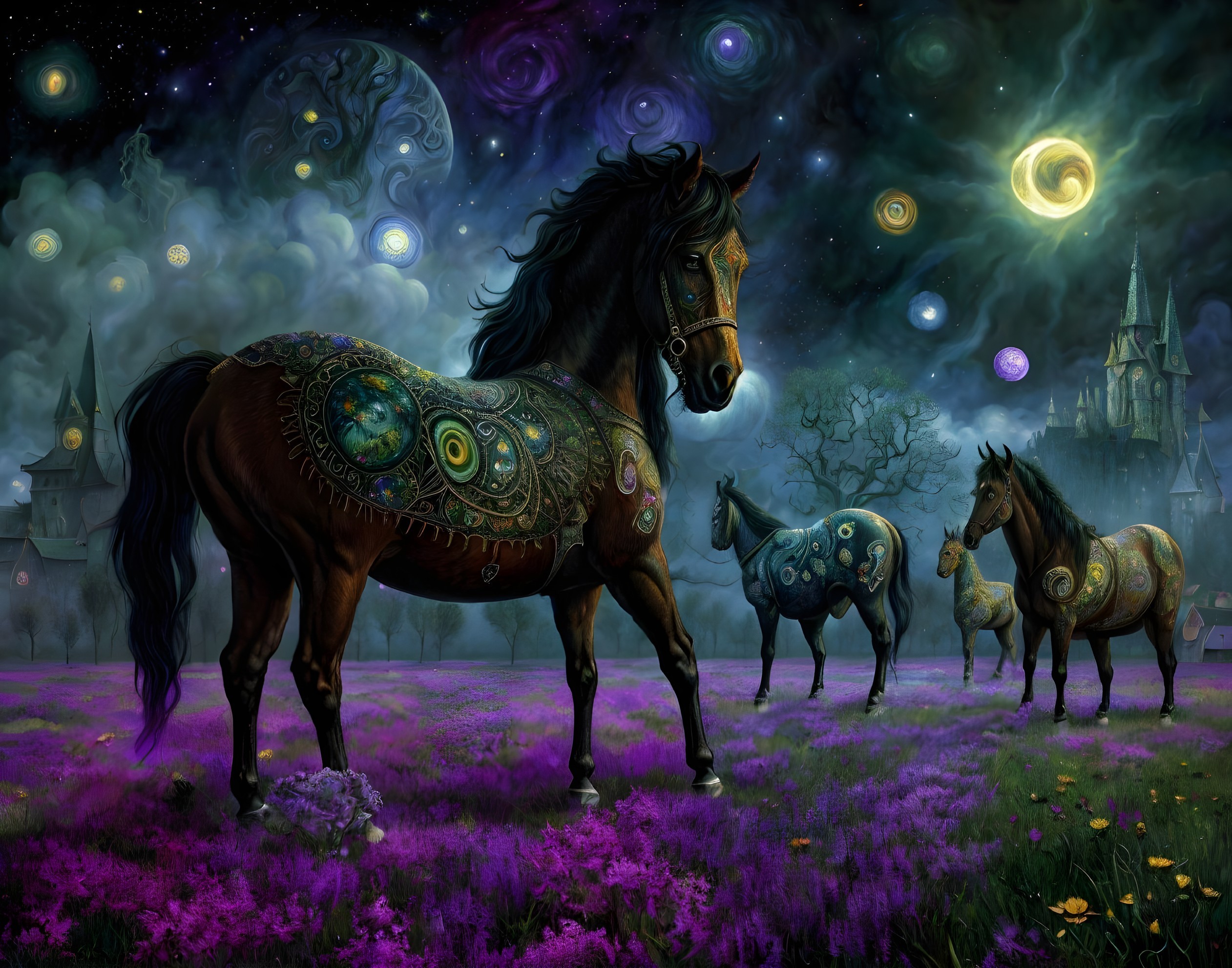 Majestic Horses in a Mystical Landscape with Flowers
