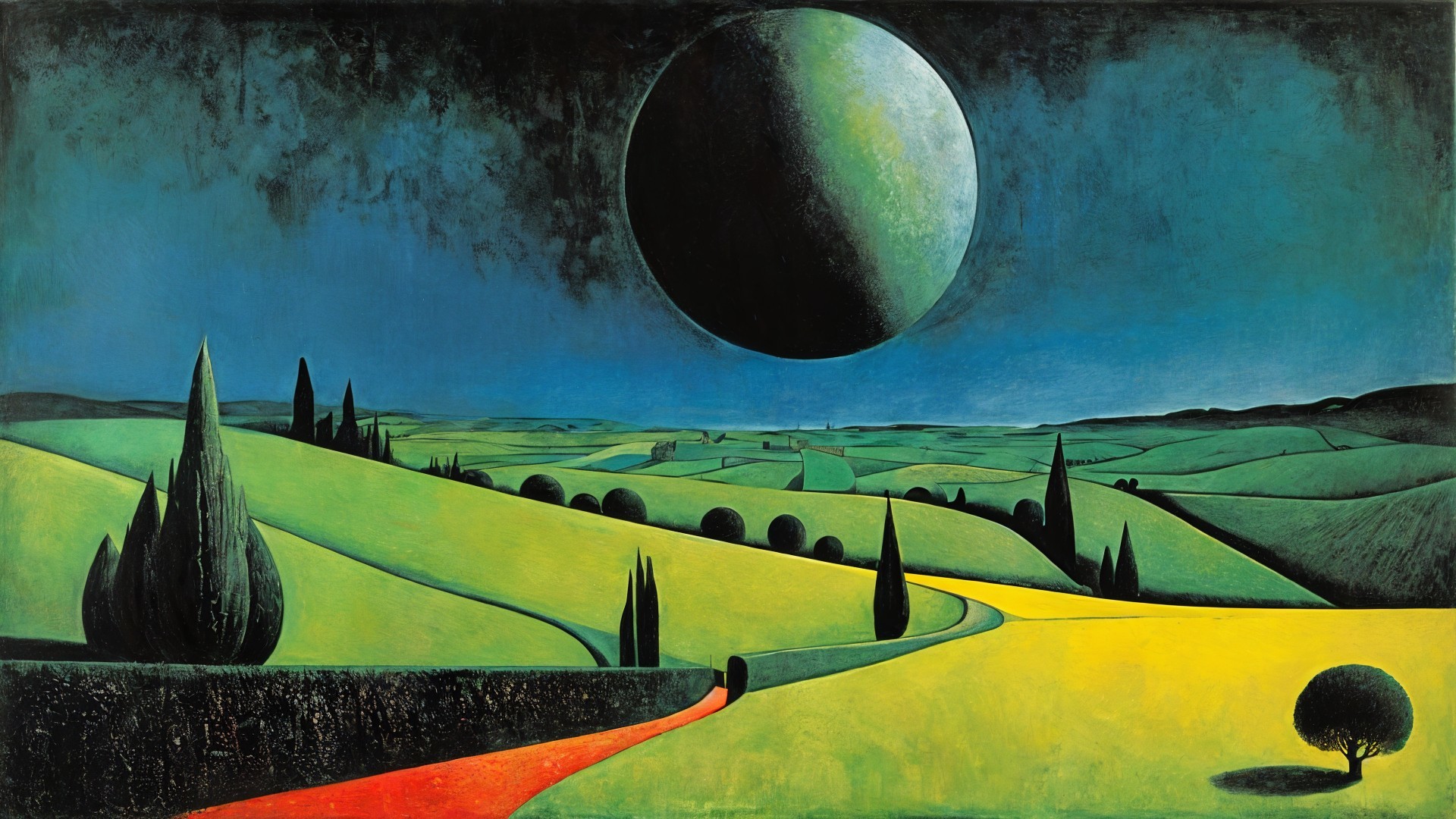Surreal Landscape with Vibrant Colors and Dark Moon