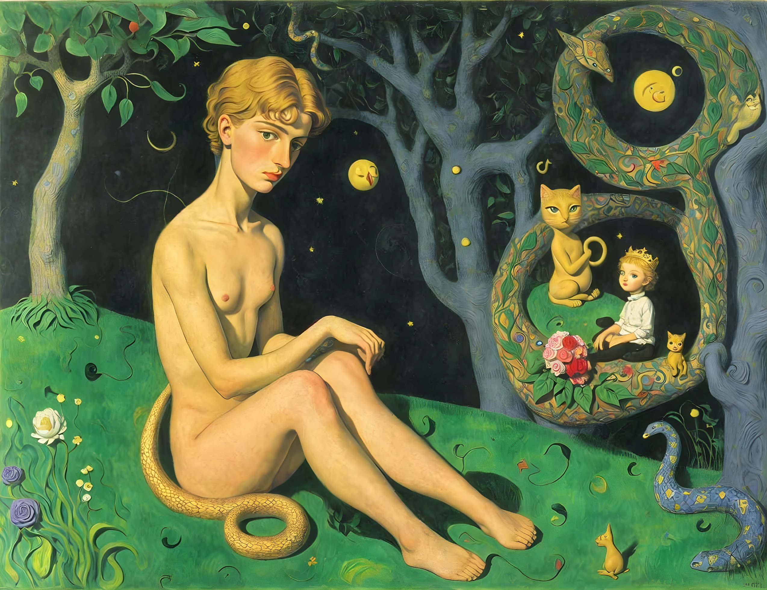 Surreal Painting of Nude Figure and Child in Landscape