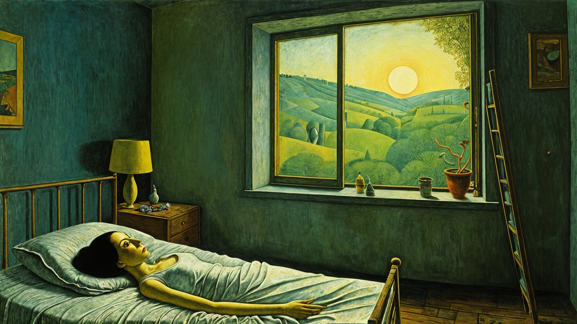 Serene Bedroom Scene with Natural Light and Calm Woman