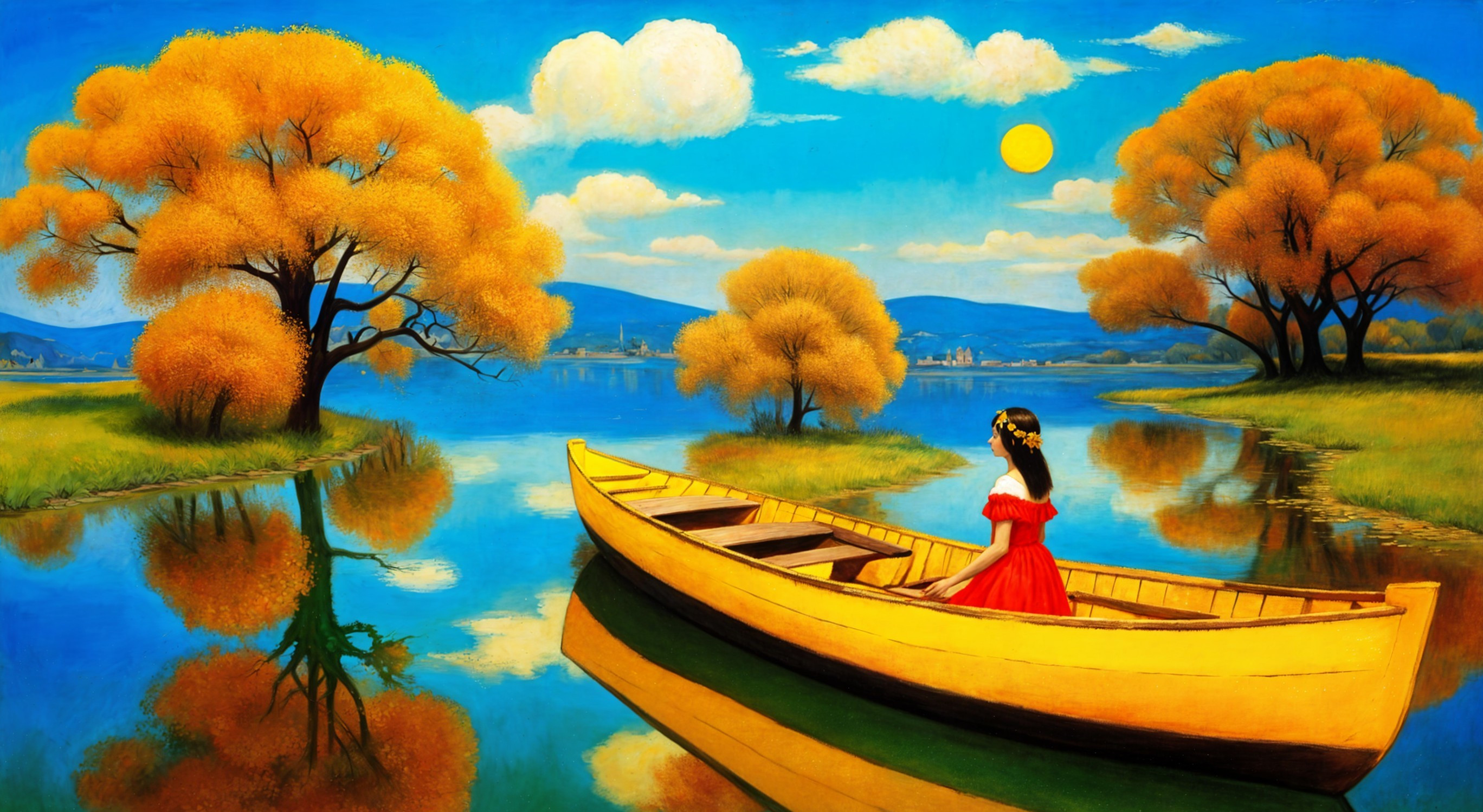 Young girl in red dress on lake in autumn scenery