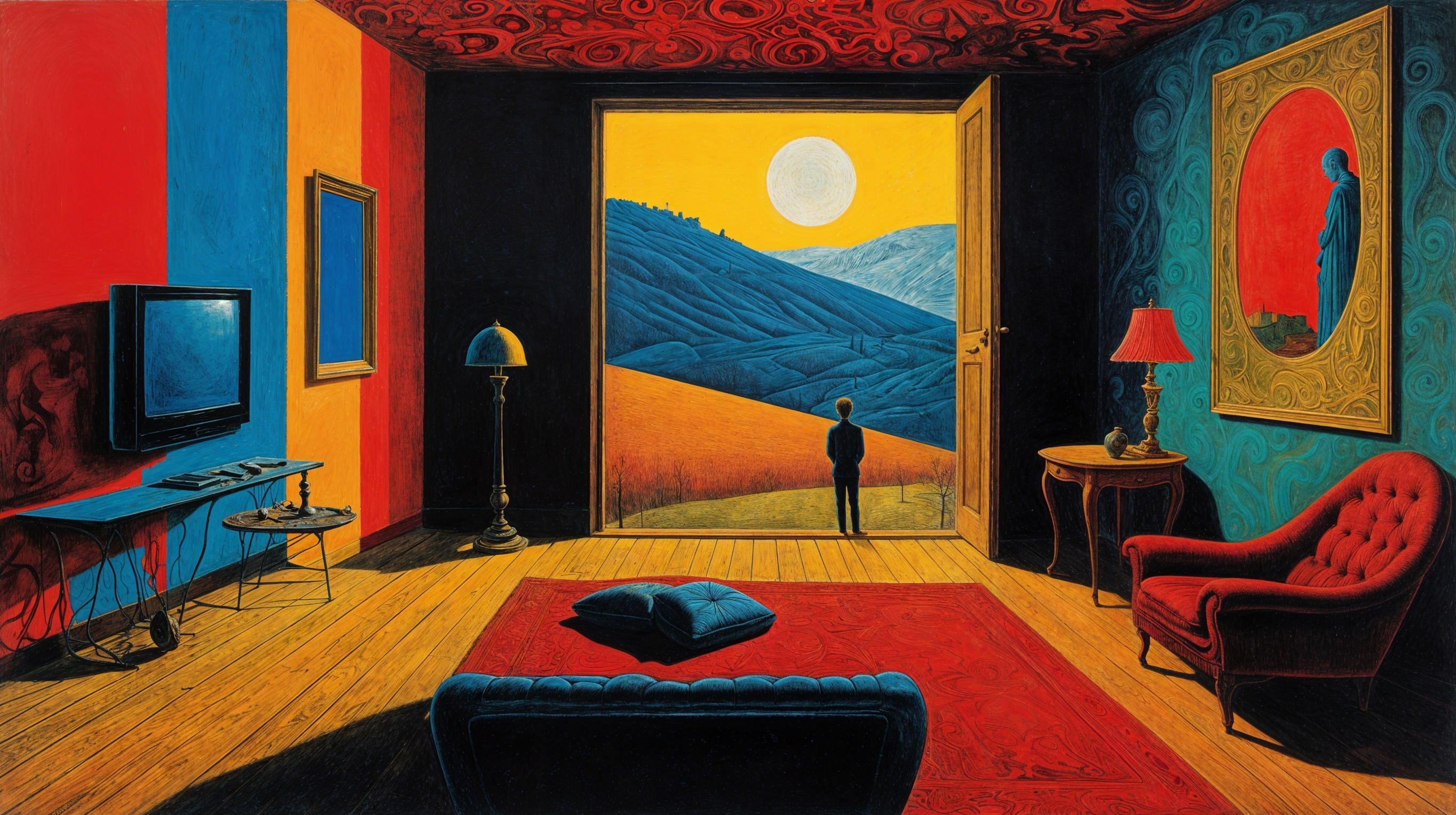 Surreal Interior with Colorful Walls and Moonlit View