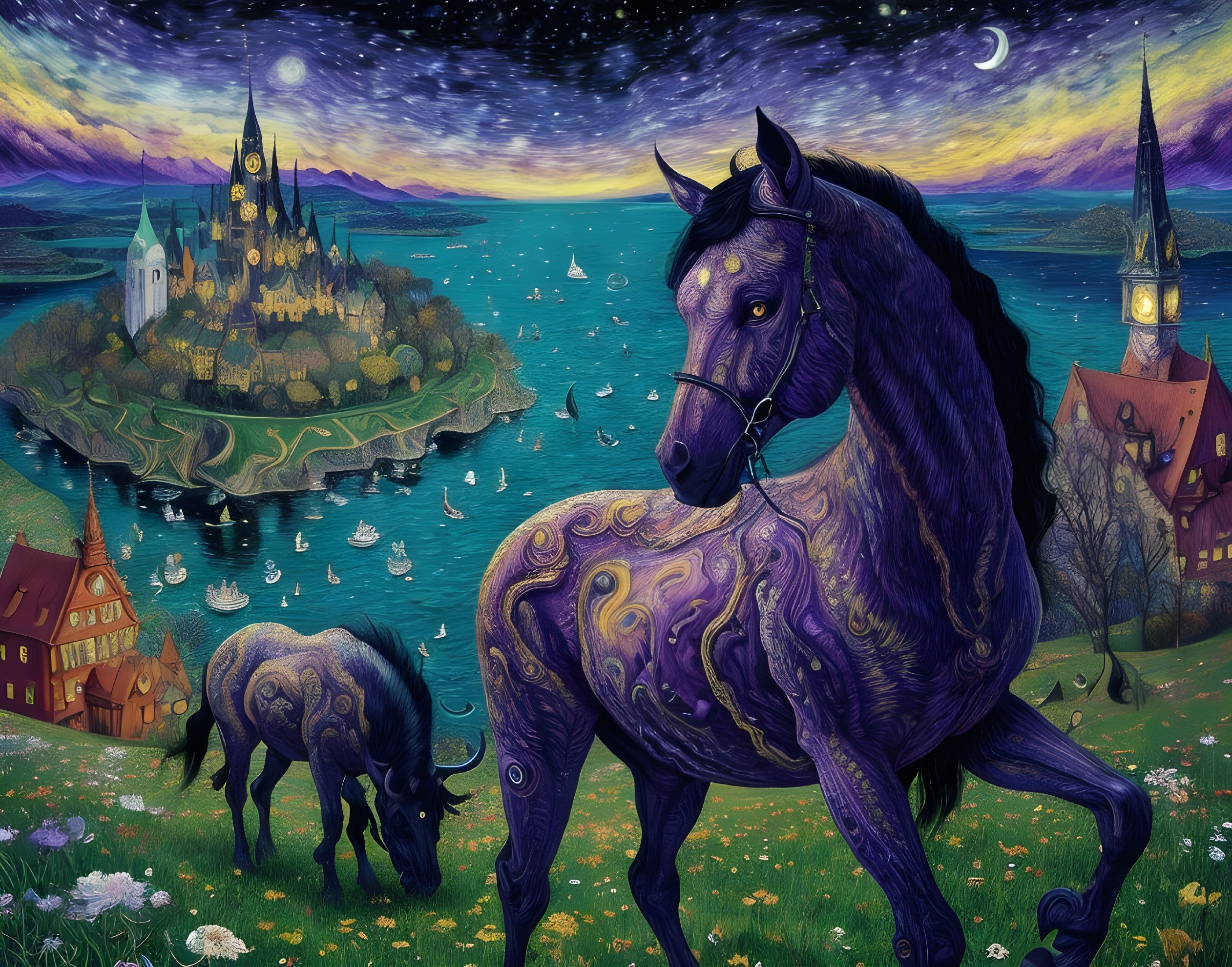 Surreal Landscape with Purple Horses and Whimsical Castle