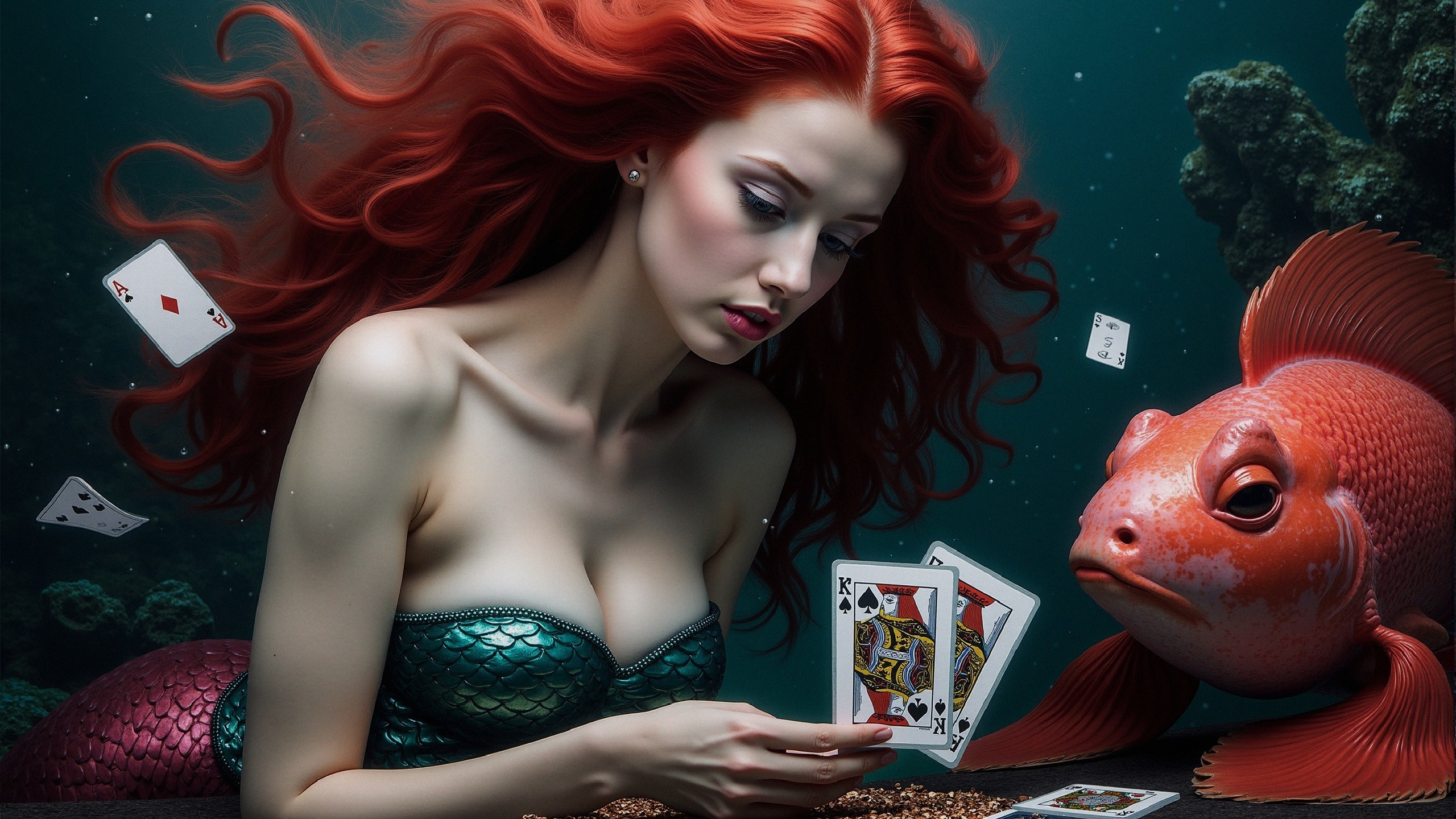 Underwater Scene of Mermaid with Playing Cards