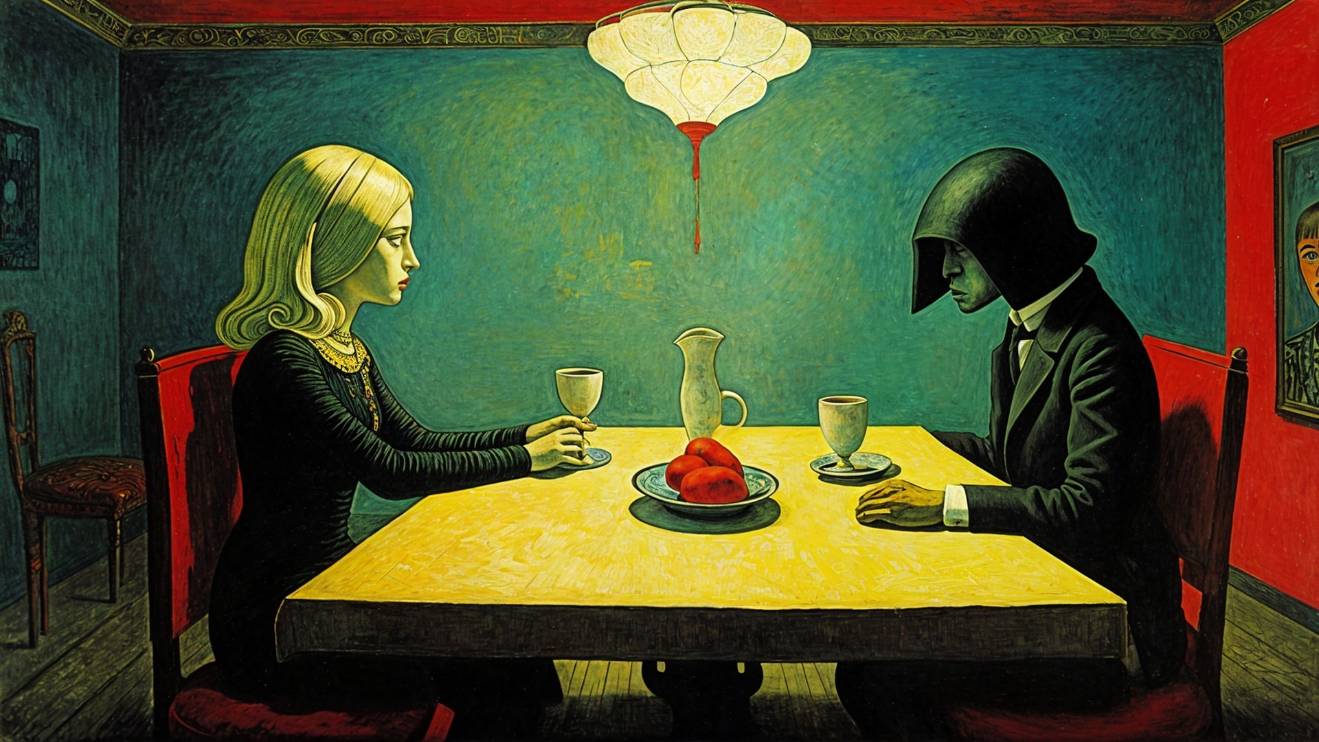 Blonde Woman and Man in Dark Hat at Yellow Table