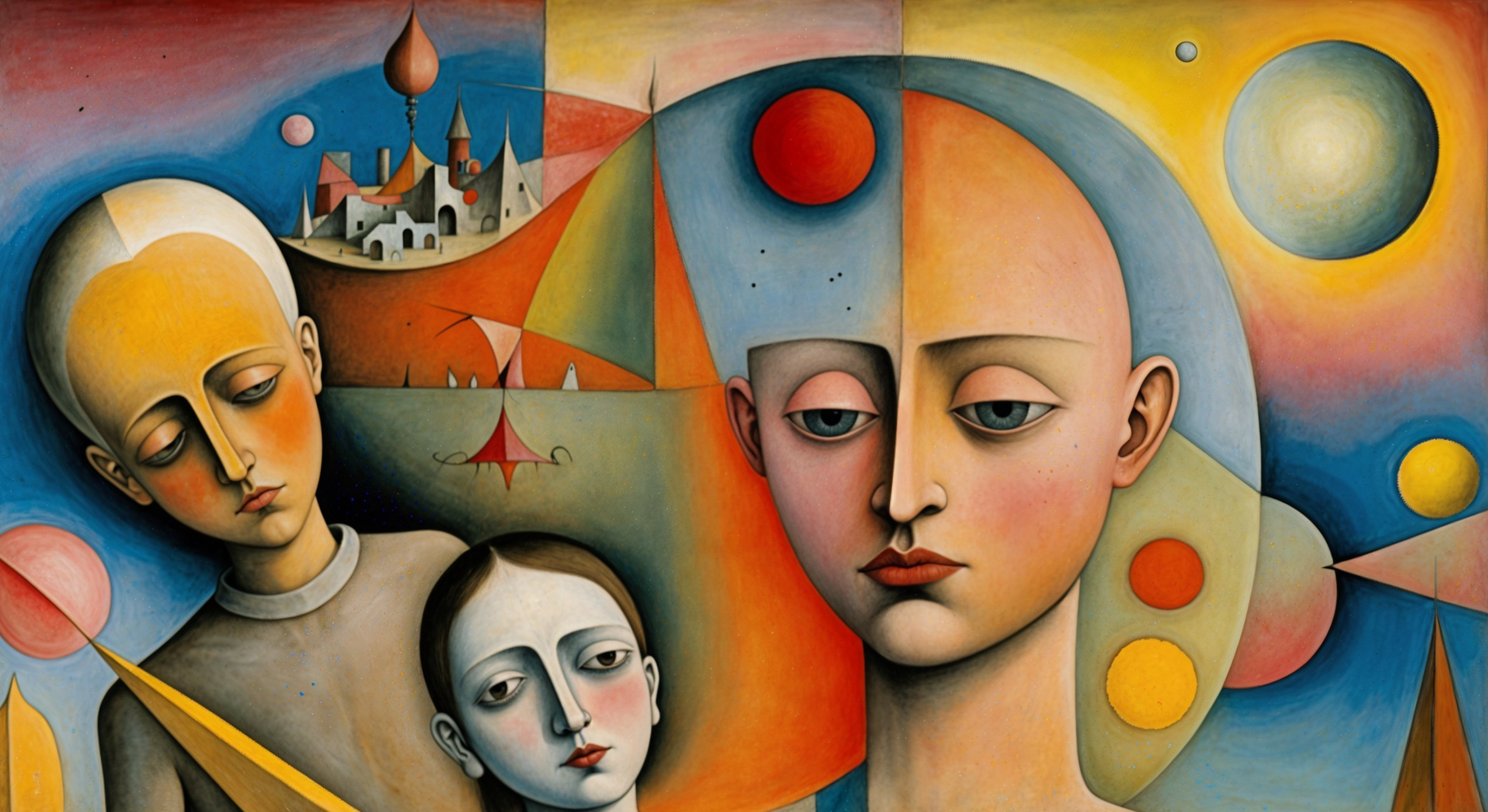 Surreal Artwork with Three Figures and Abstract Elements