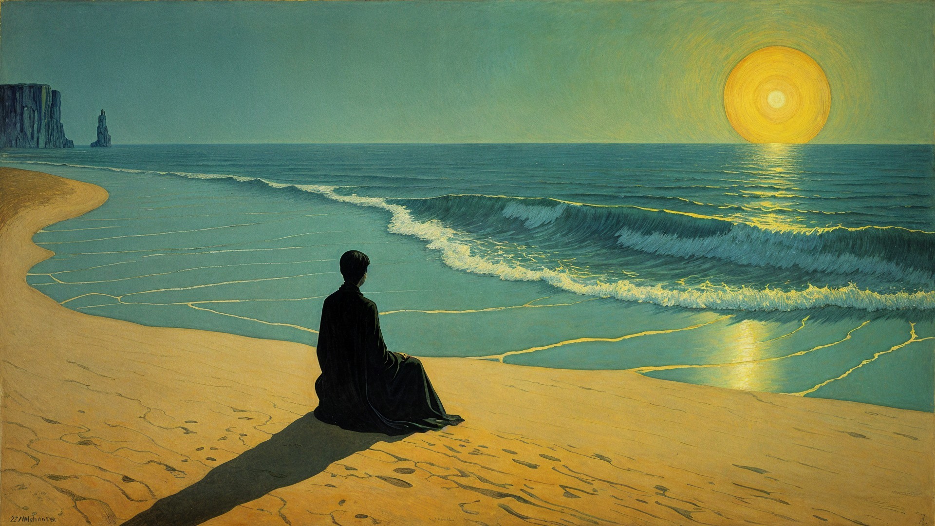 Serene Beach Scene at Sunset with Contemplative Figure