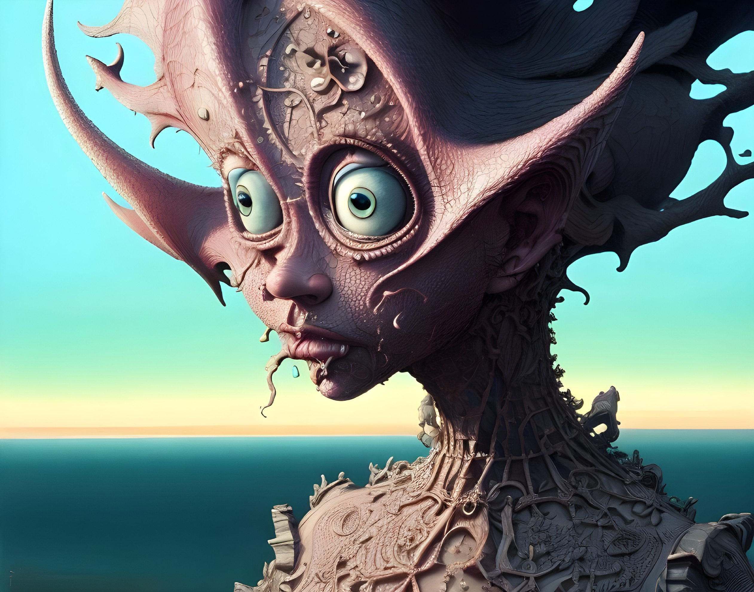 Surreal Character with Expressive Features at Sunset Ocean