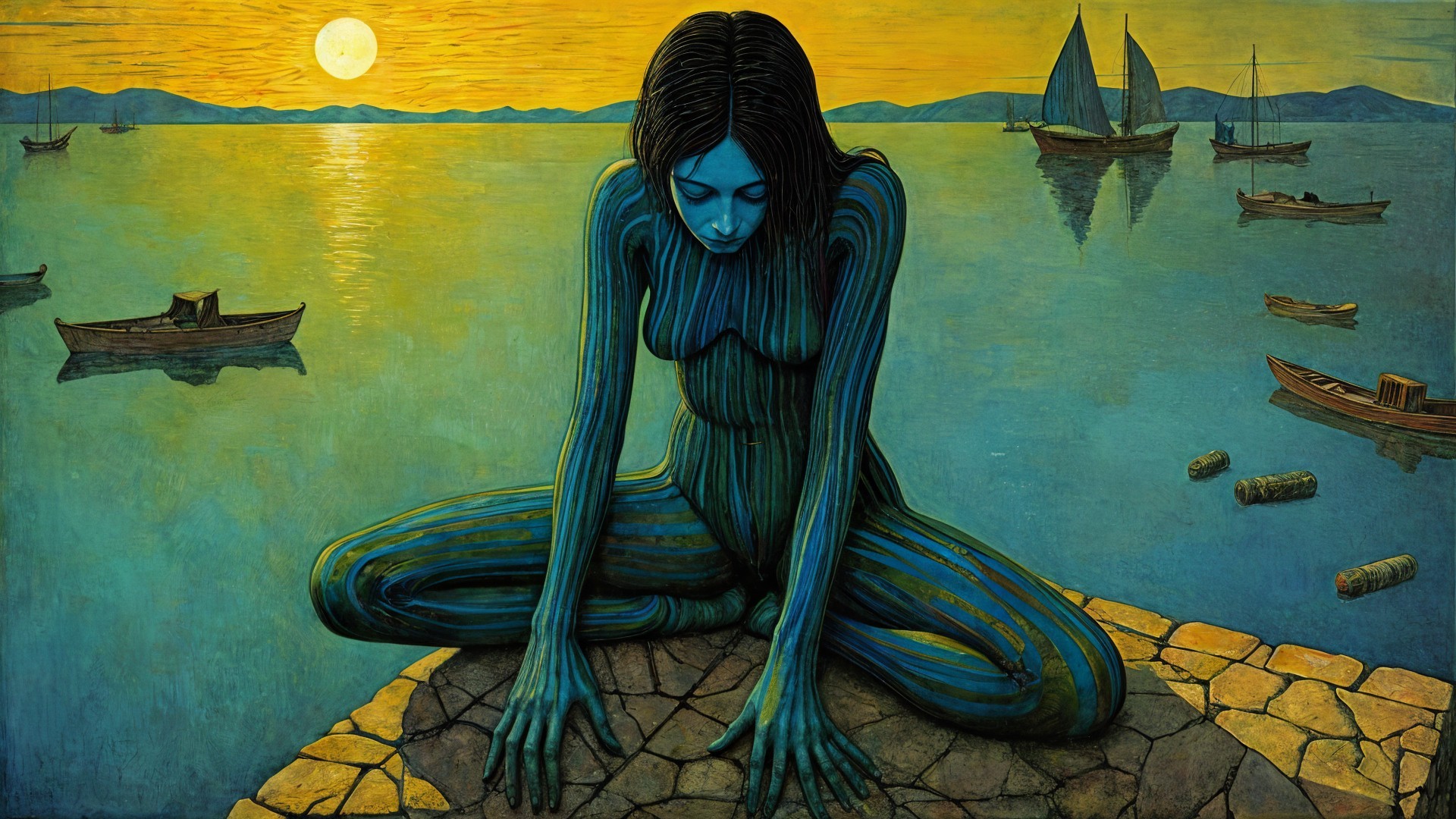 Surreal Painting of a Woman with Blue Skin by Water