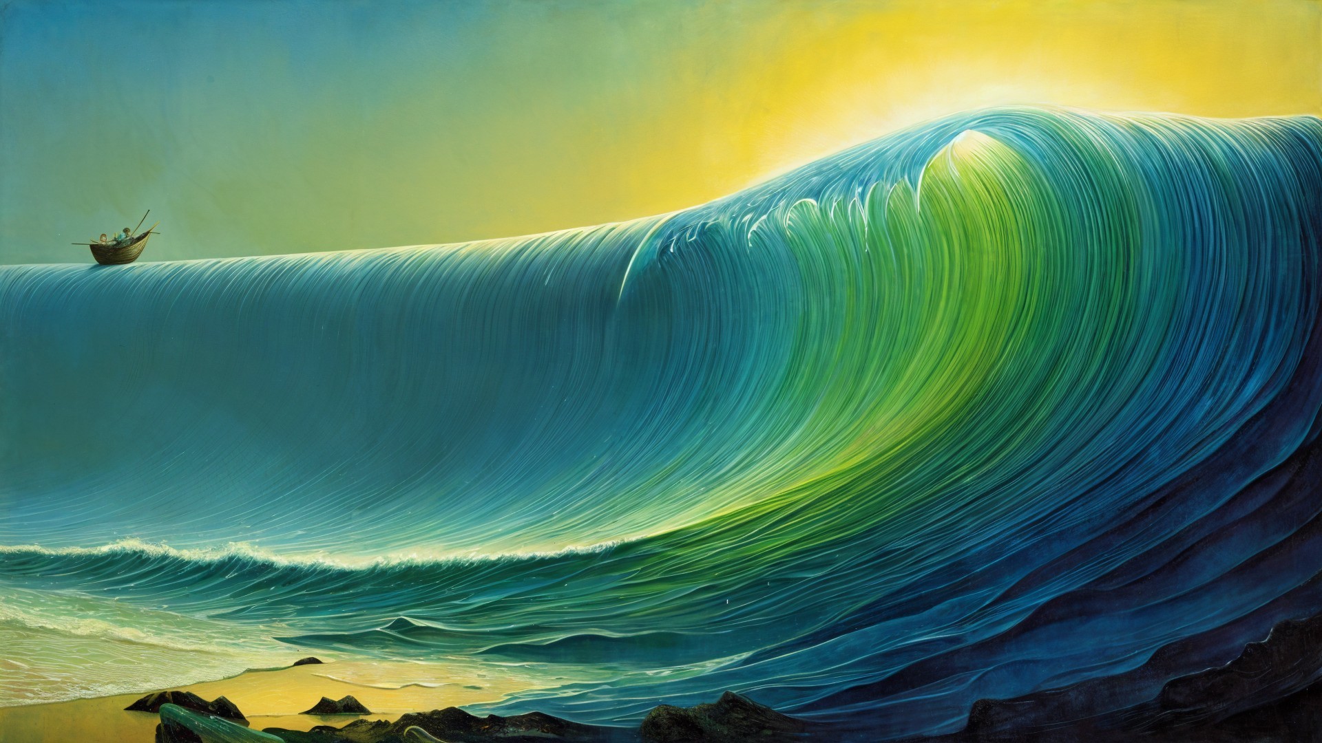 Vivid Wave Against Bright Yellow Sun and Small Boat