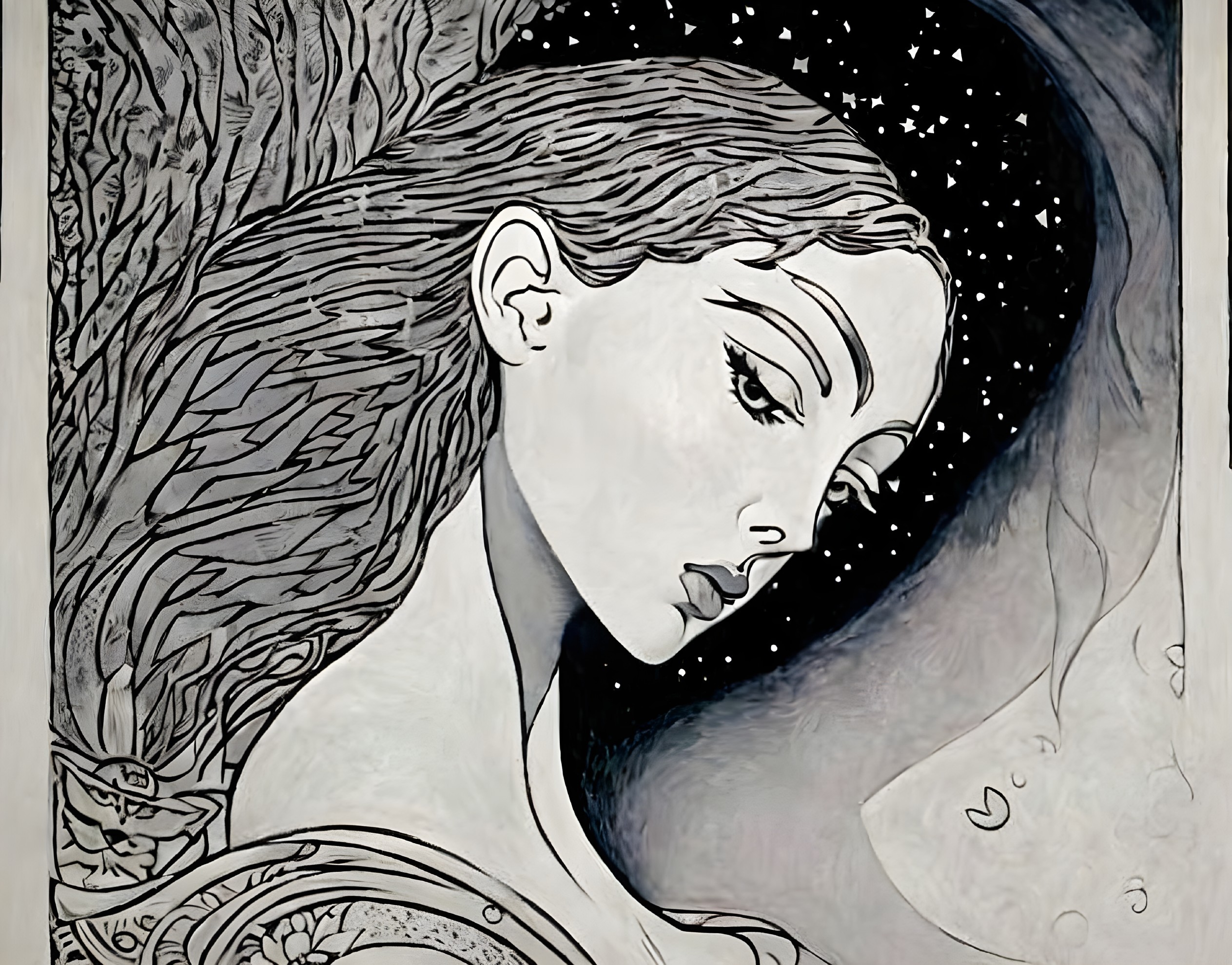 Black and White Illustration of a Contemplative Woman