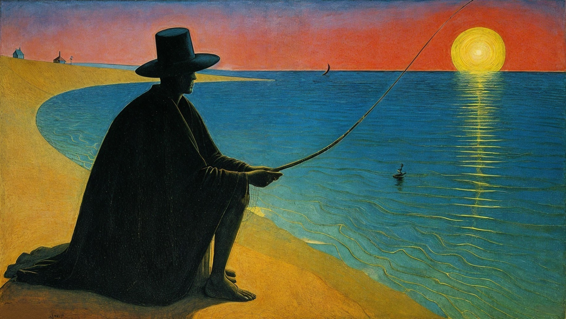 Oil Painting of a Fisherman at Sunset in Futurist Style