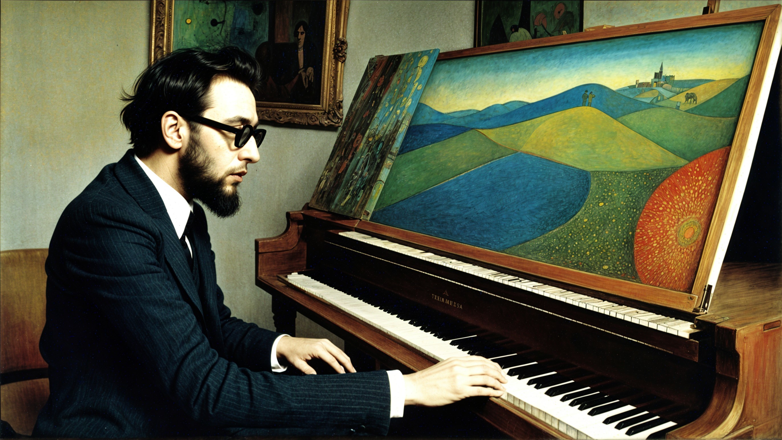 Man Playing Piano with Colorful Artwork Displayed