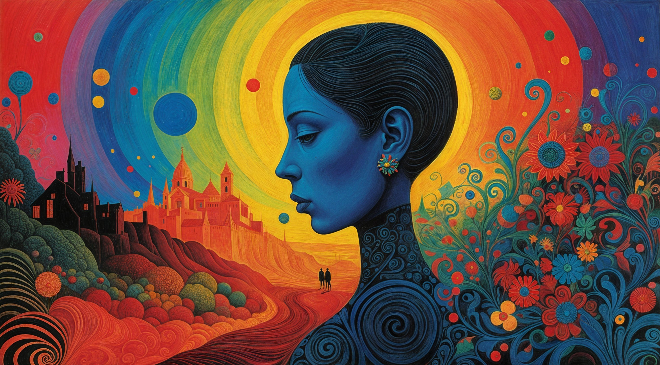 Colorful Artwork of Woman with Blue Skin and Landscape