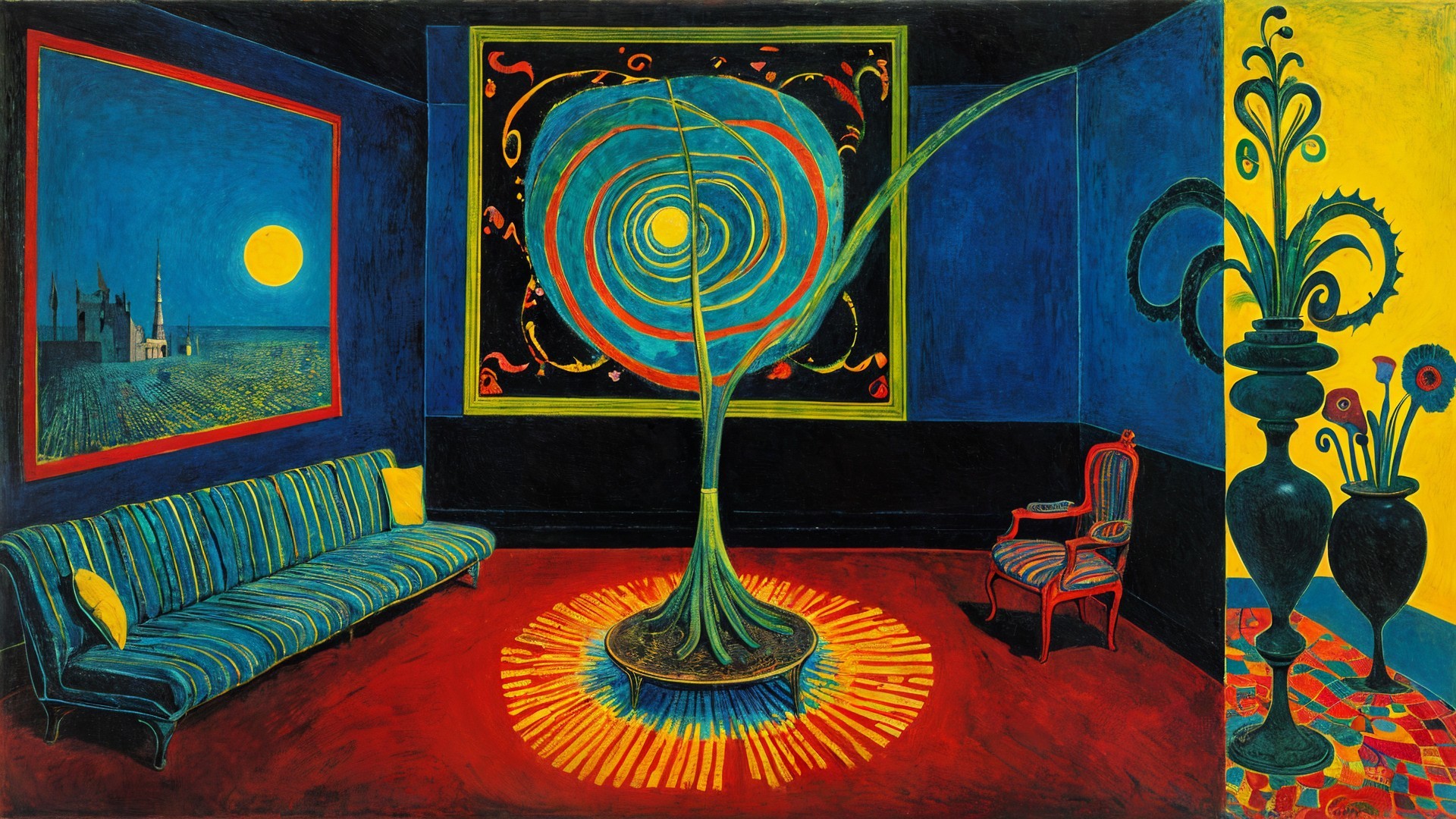 Surreal Interior with Spiraling Tree and Eclectic Design