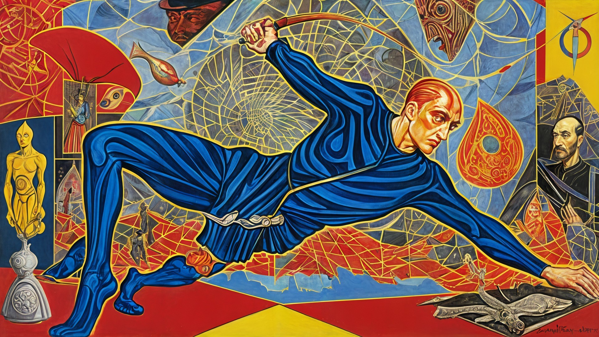 Vibrant Surrealistic Scene with Central Figure and Colors